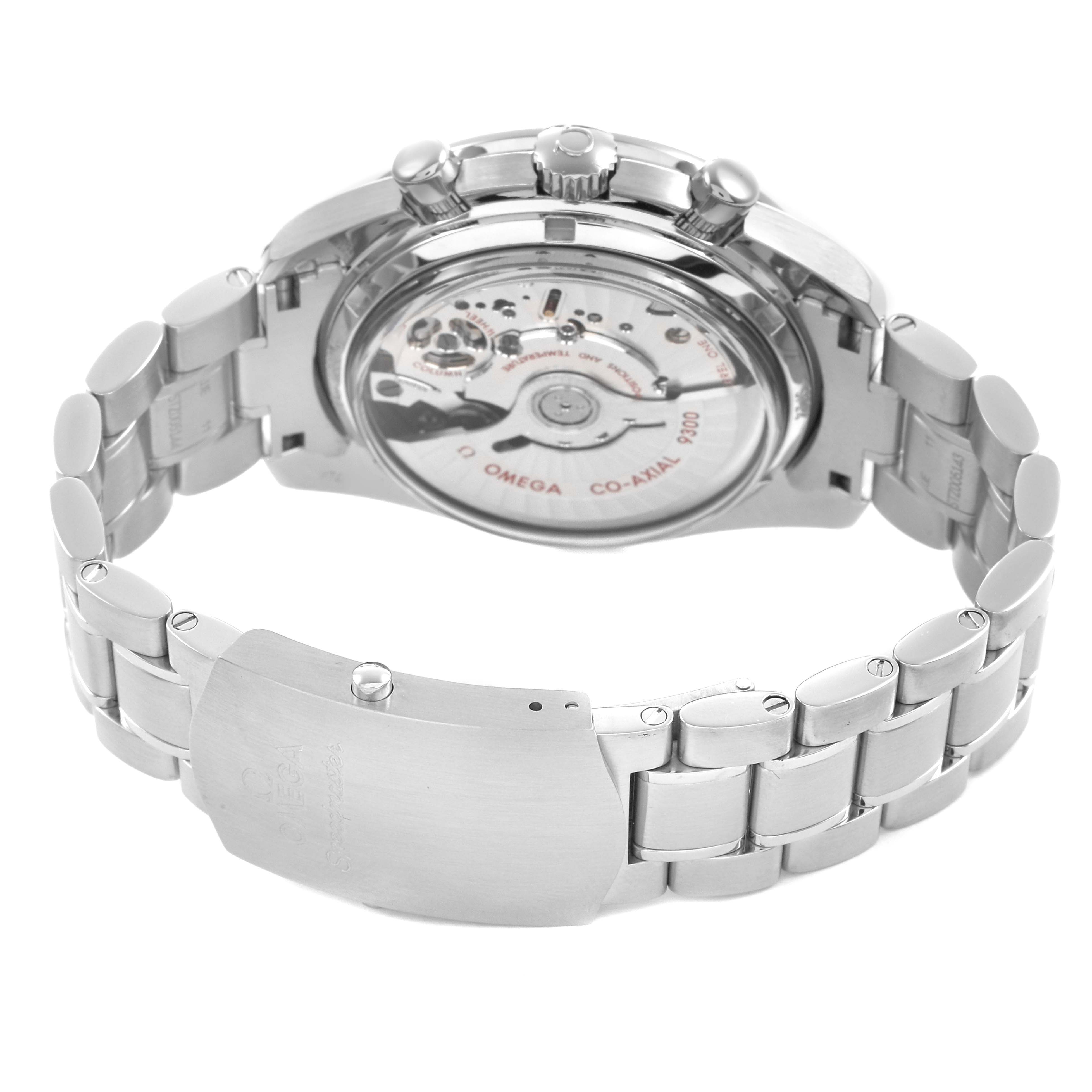 The Omega Speedmaster 311.30.44.51.01.002 Men's Stainless Steel Black Dial watch is shown from the back, highlighting the case back and bracelet.