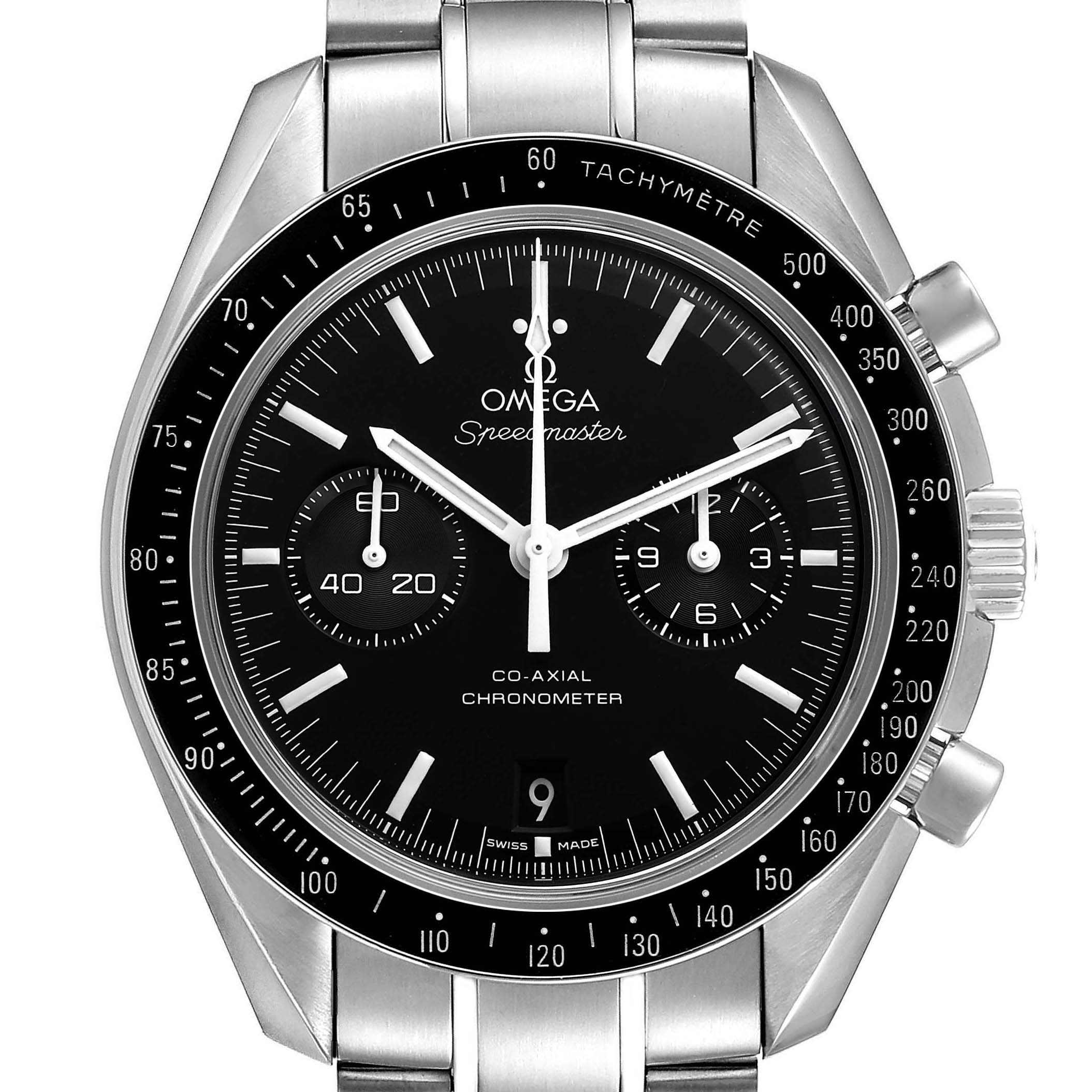 The Omega Speedmaster 311.30.44.51.01.002 Men's Stainless Steel Black Dial watch is shown from the front, displaying the face, bezel, and part of the stainless steel bracelet.