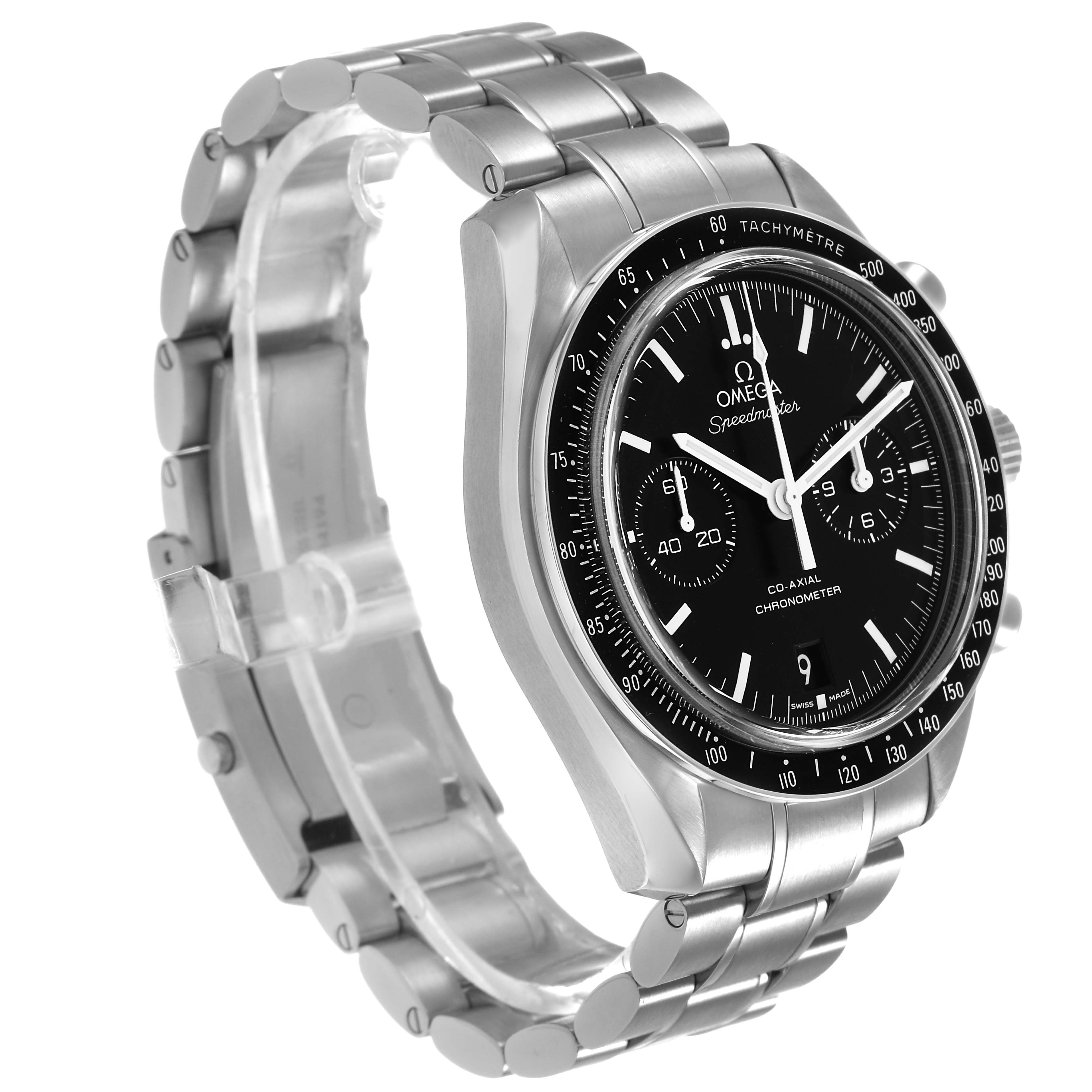 The Omega Speedmaster 311.30.44.51.01.002 Men's Stainless Steel Black Dial watch is shown at a three-quarter angle, highlighting the dial, bezel, and stainless steel bracelet.