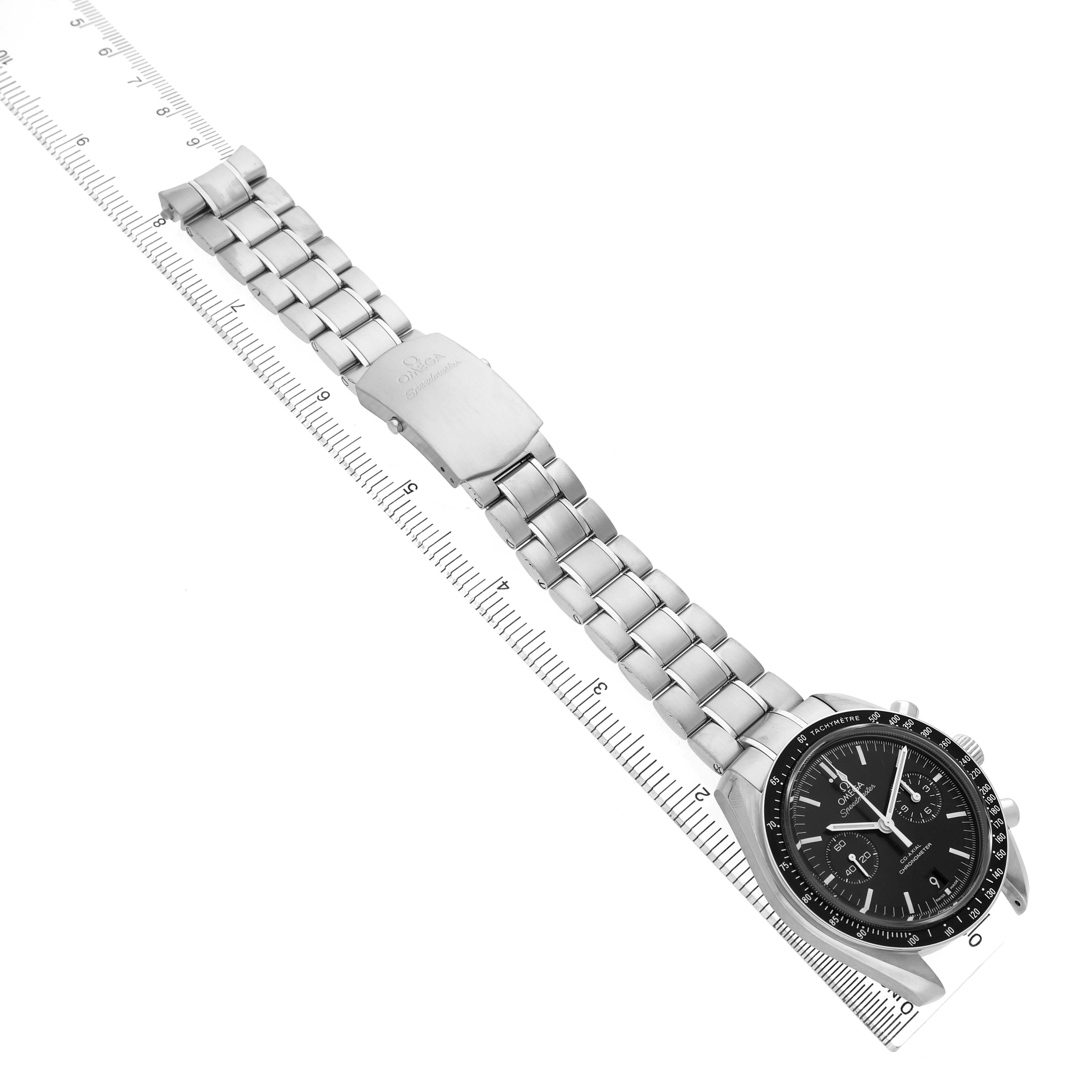 The Omega Speedmaster 311.30.44.51.01.002 Men's Stainless Steel Black Dial watch is shown from above, displaying its face and full metal bracelet with a clasp.