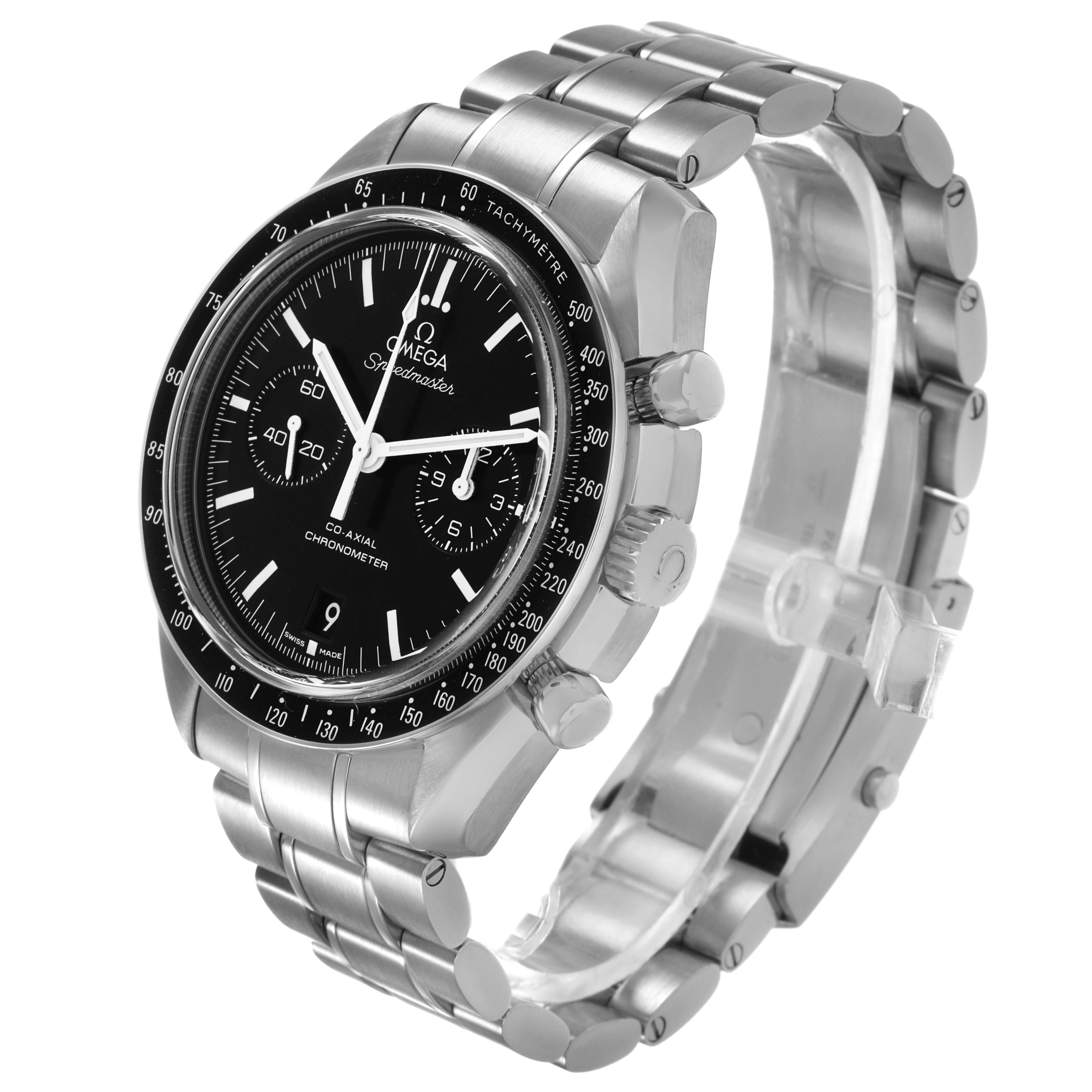 The Omega Speedmaster 311.30.44.51.01.002 Men's Stainless Steel Black Dial watch is shown from a three-quarter angle, highlighting the face, bezel, and stainless steel bracelet.