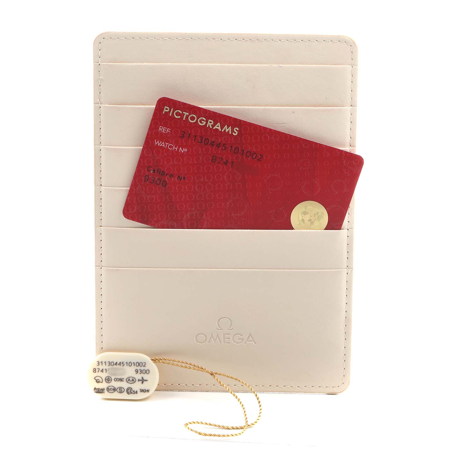 The image shows a cardholder and tag for the Omega Speedmaster 311.30.44.51.01.002 Men's Stainless Steel Black Dial, with pictogram card and identification tag visible.