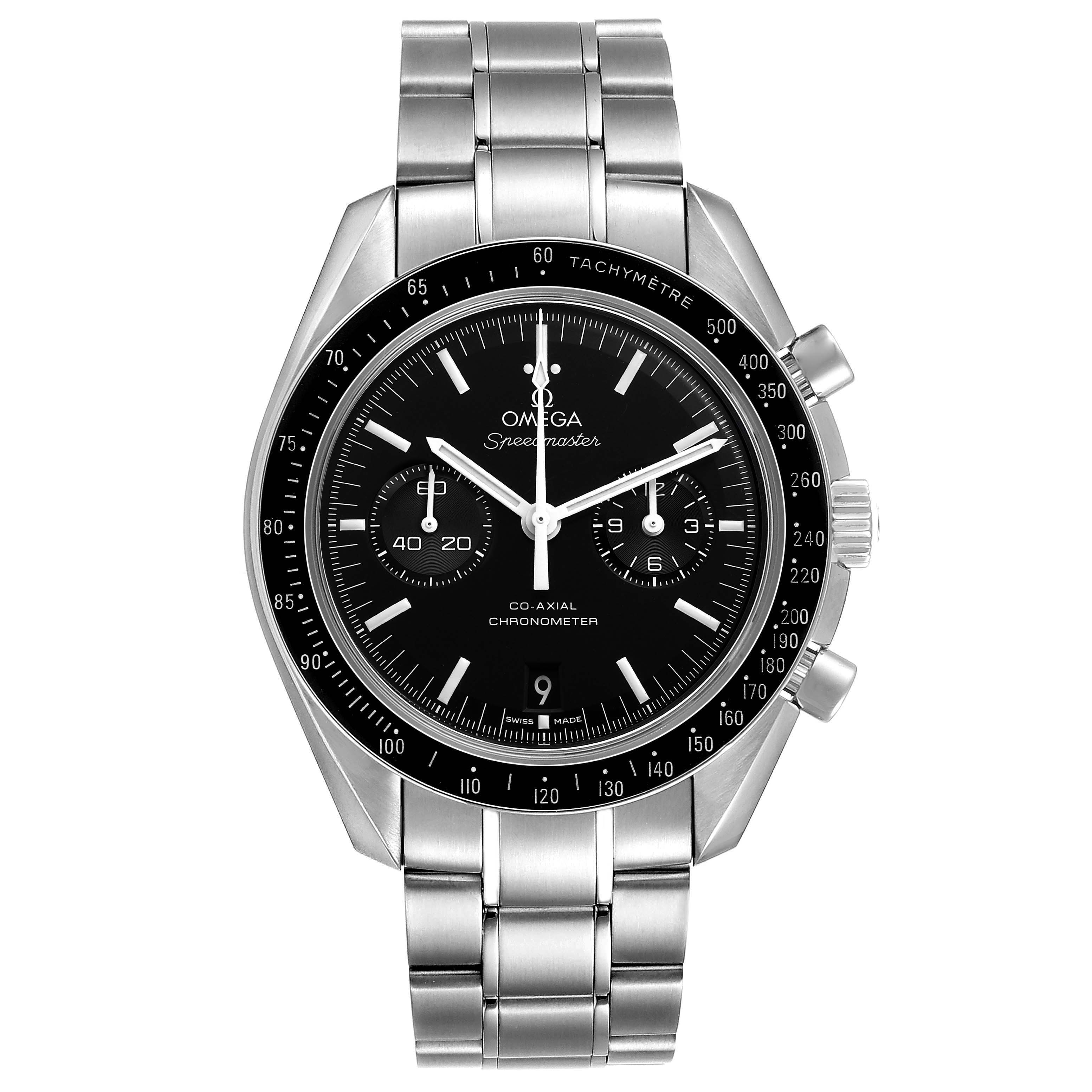The Omega Speedmaster 311.30.44.51.01.002 Men's Stainless Steel Black Dial watch is shown from the front, highlighting its dial, bezel, and metal bracelet.