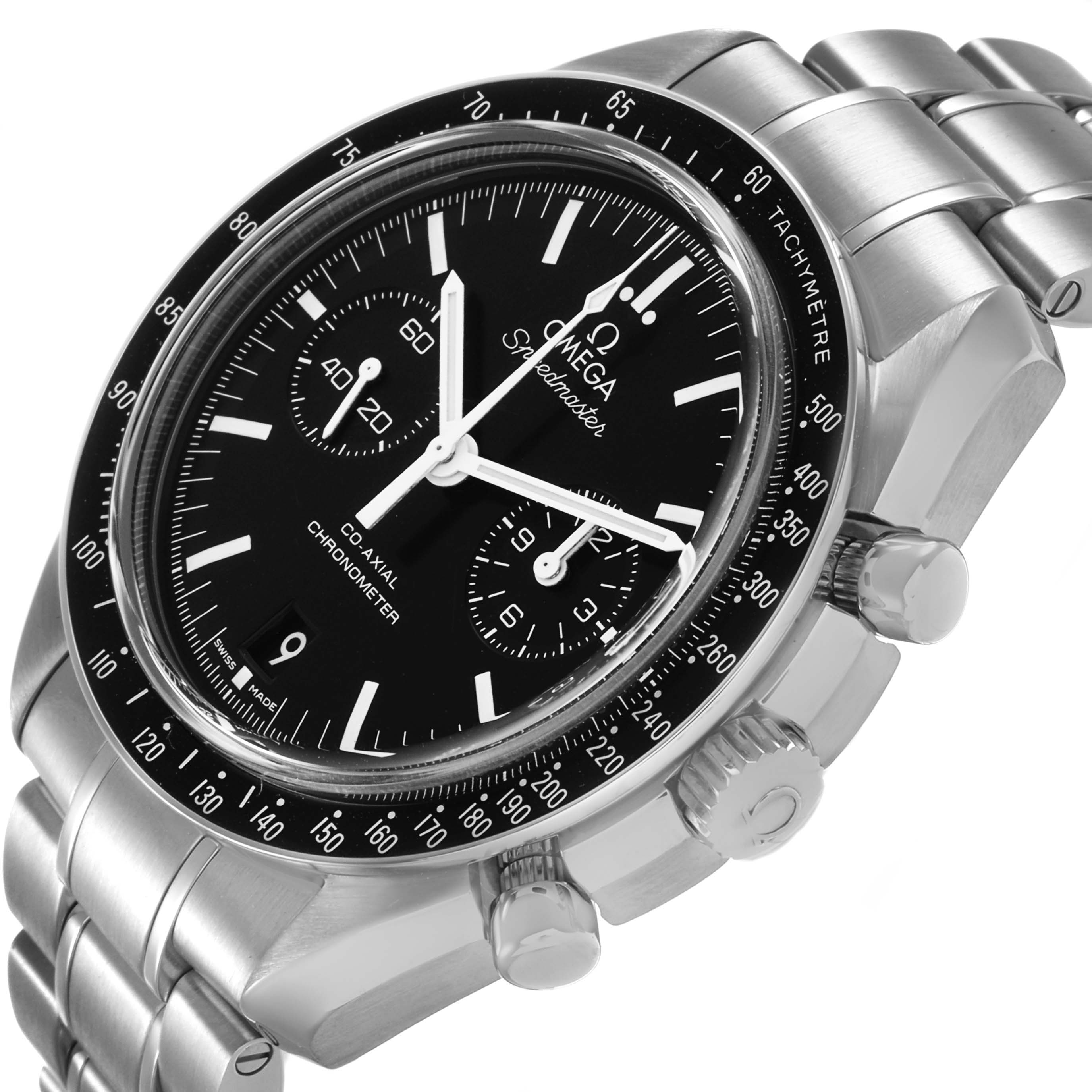 The Omega Speedmaster 311.30.44.51.01.002 Men's Stainless Steel Black Dial watch is shown at an angled view, highlighting its face, tachymetric bezel, and side buttons.