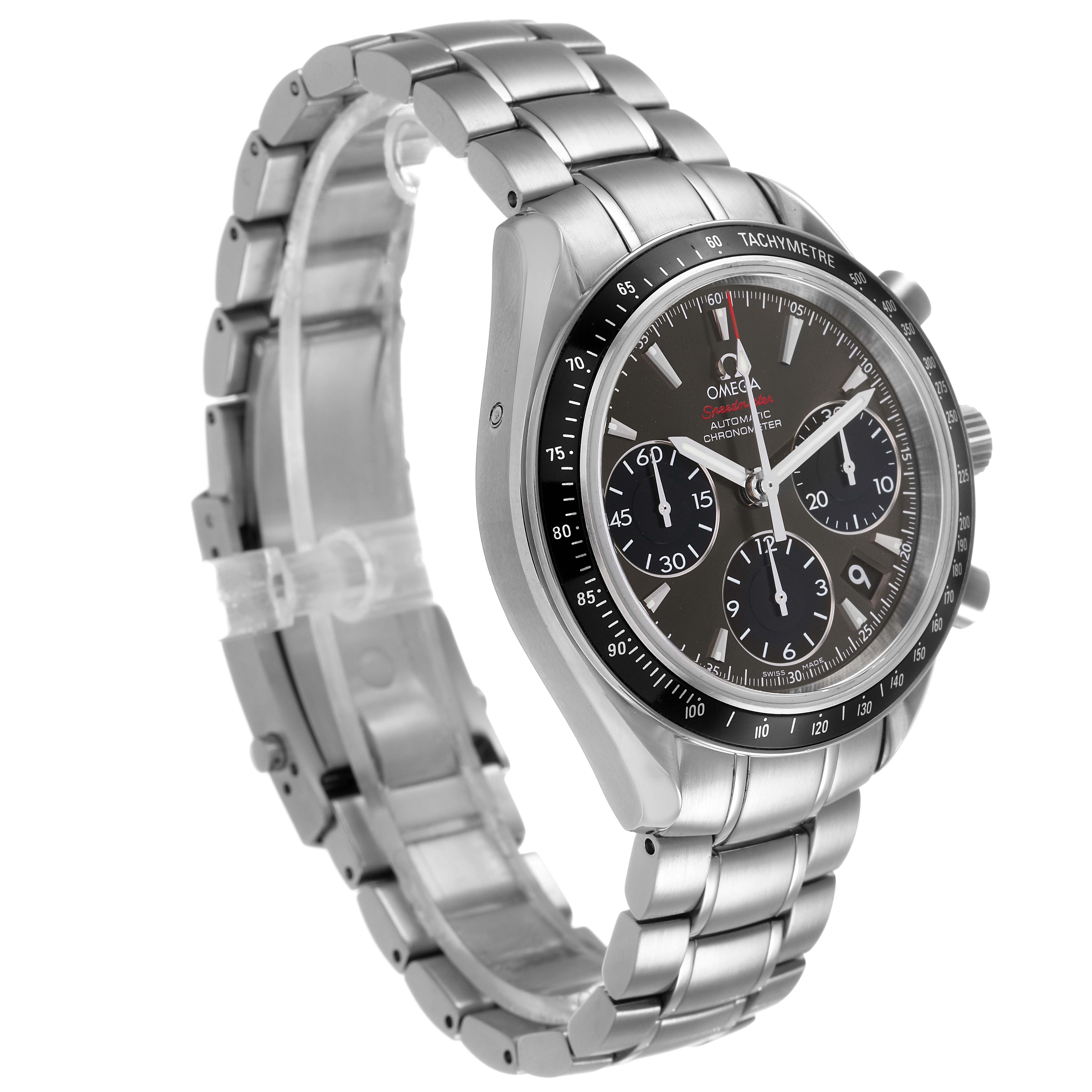 The image shows an Omega Speedmaster 323.30.40.40.06.001 Men's Stainless Steel Grey Dial watch at a three-quarter angle, highlighting the face, bezel, and bracelet.