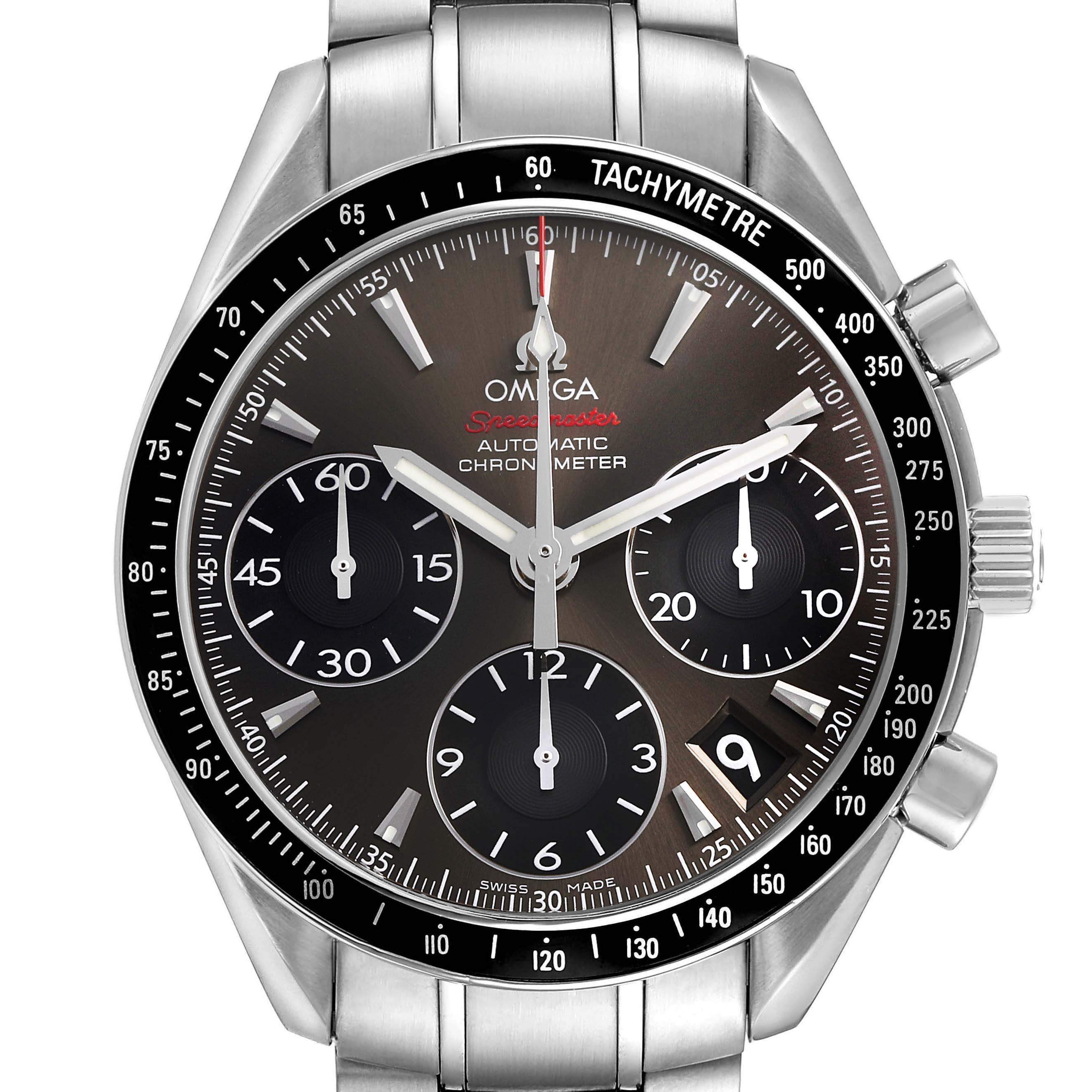 The Omega Speedmaster 323.30.40.40.06.001 Men's Stainless Steel Grey Dial watch is shown from a front angle, highlighting the face, subdials, tachymeter bezel, and stainless steel bracelet.