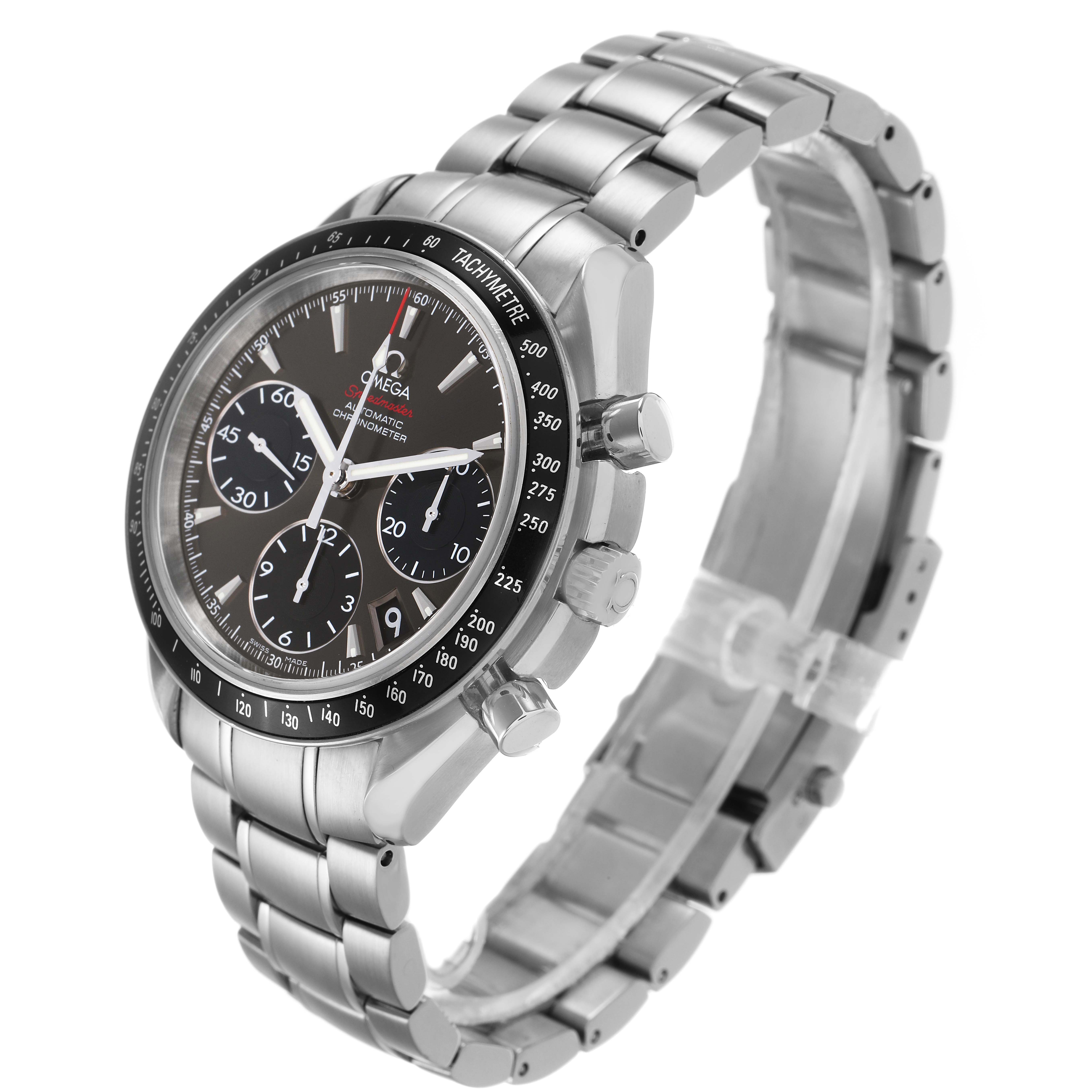The image shows an angled view of the Omega Speedmaster 323.30.40.40.06.001 Mens Stainless Steel Grey Dial watch, highlighting the face, chronograph buttons, and stainless steel bracelet.