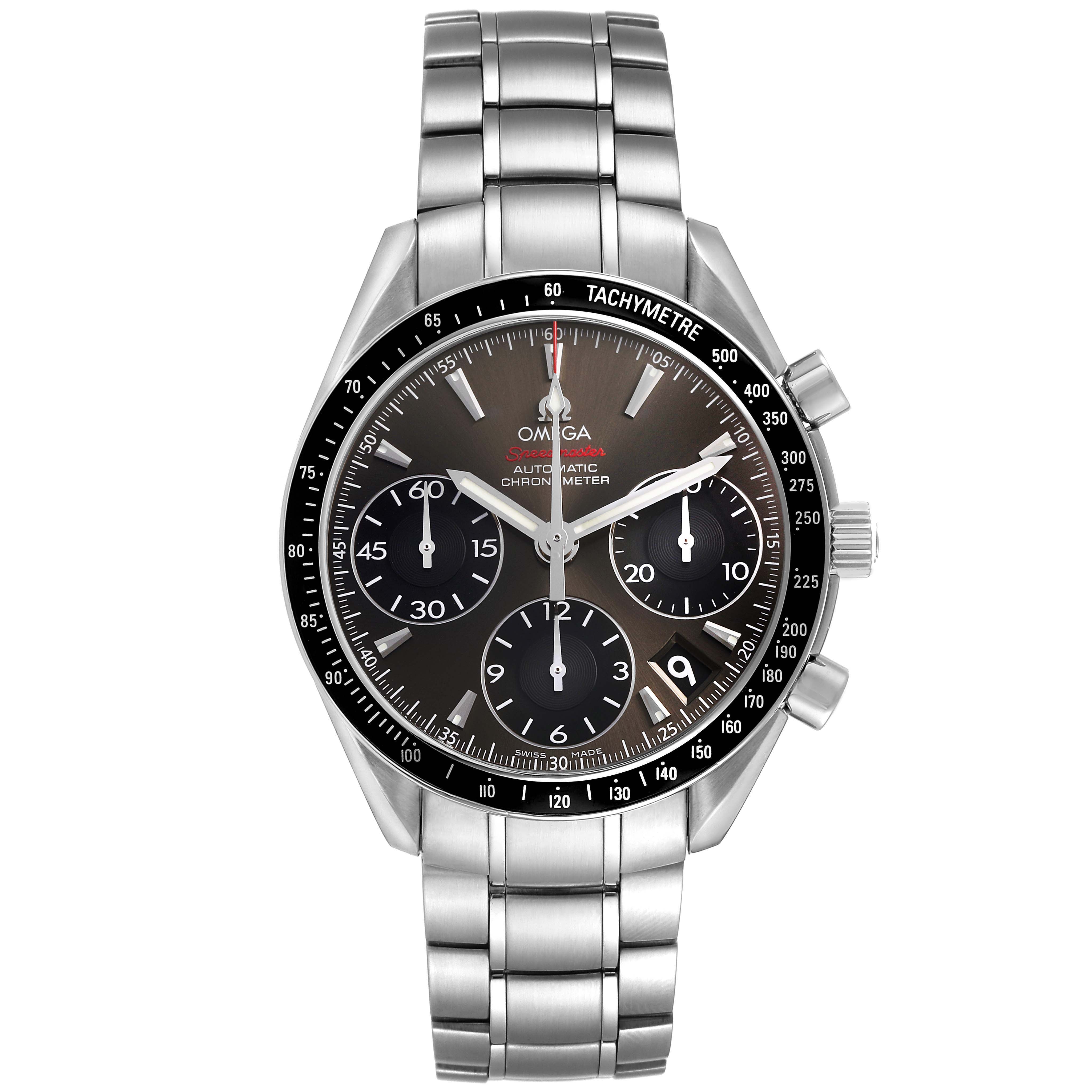 The Omega Speedmaster 323.30.40.40.06.001 Men's Stainless Steel Grey Dial watch is shown from the front, highlighting its dial, tachymeter bezel, and bracelet.