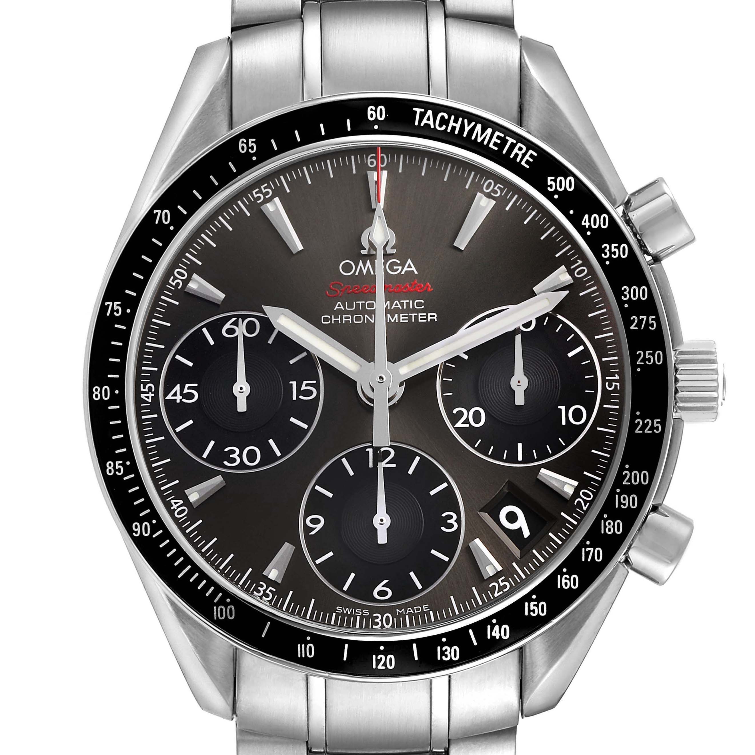 The Omega Speedmaster 323.30.40.40.06.001 Mens Stainless Steel Grey Dial watch is shown from a front angle, highlighting the dial, tachymeter bezel, and chronograph sub-dials.