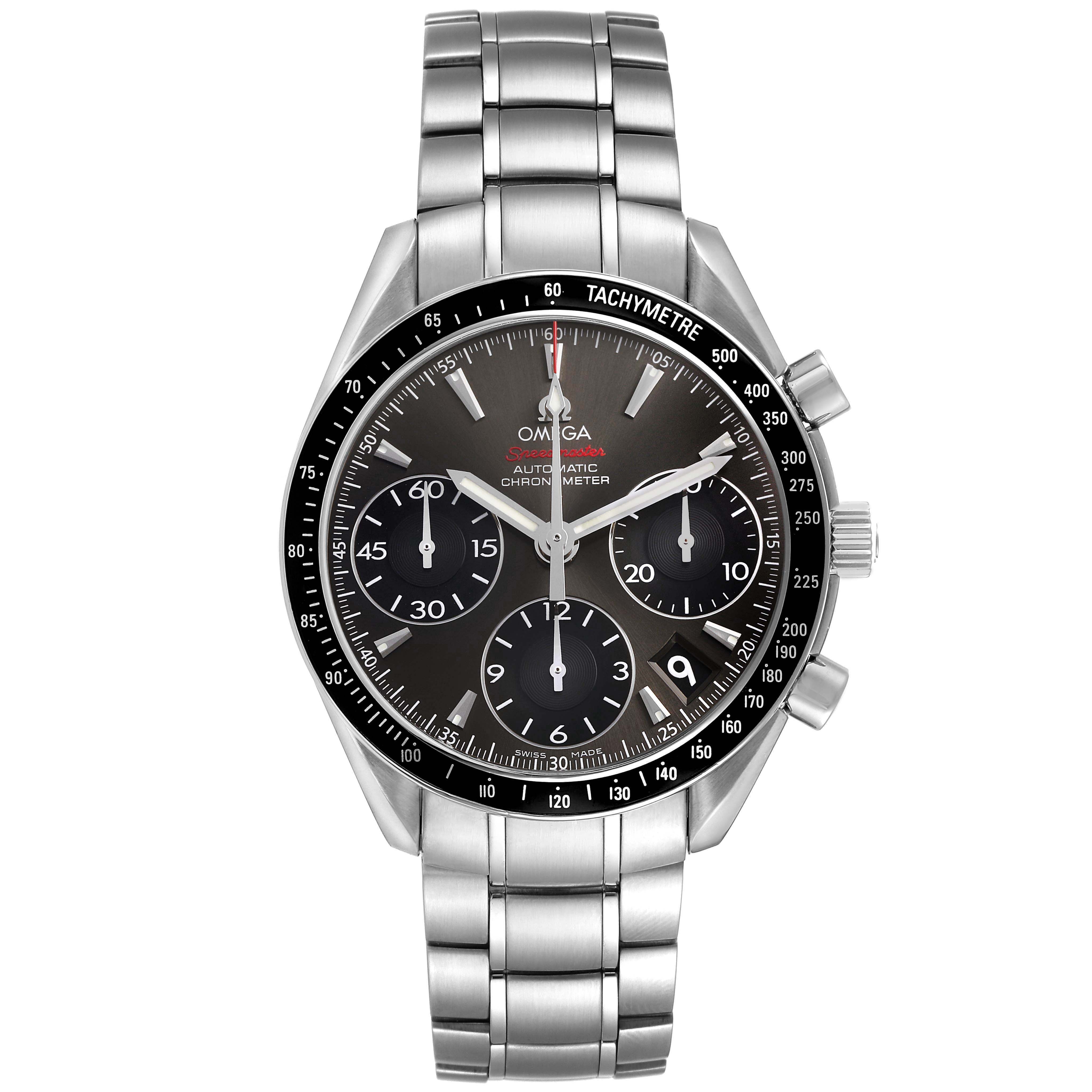 The Omega Speedmaster 323.30.40.40.06.001 Mens Stainless Steel Grey Dial watch is shown from the front, displaying the dial, bezel, pushers, crown, and stainless steel bracelet.