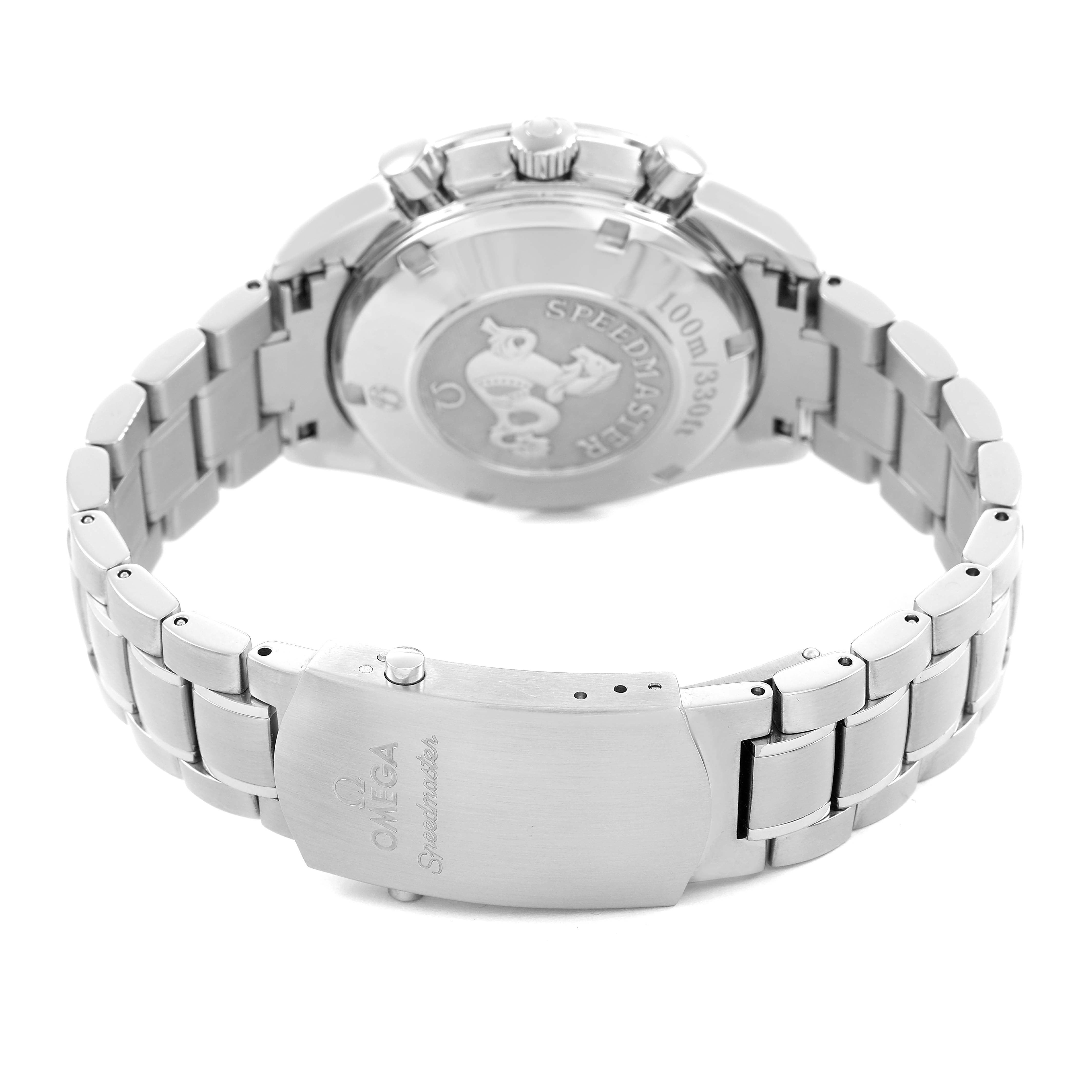 The Omega Speedmaster 323.30.40.40.06.001 Men's Stainless Steel Grey Dial watch is shown from the back, highlighting the clasp, bracelet, and caseback.