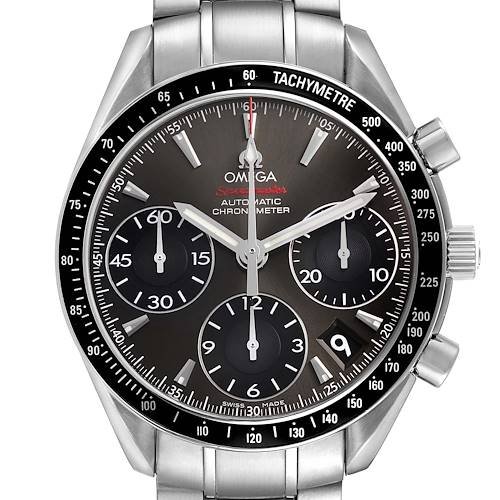 The Omega Speedmaster 323.30.40.40.06.001 Mens Stainless Steel Grey Dial watch is shown from the front, highlighting the dial, tachymeter, chronograph subdials, and stainless steel bracelet.