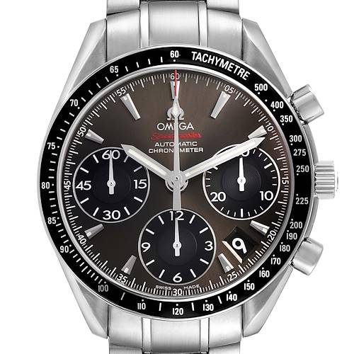 The Omega Speedmaster 323.30.40.40.06.001 Men's Stainless Steel Grey Dial watch is shown from a front view, displaying the face, bezel, chronograph dials, and stainless steel case and bracelet.