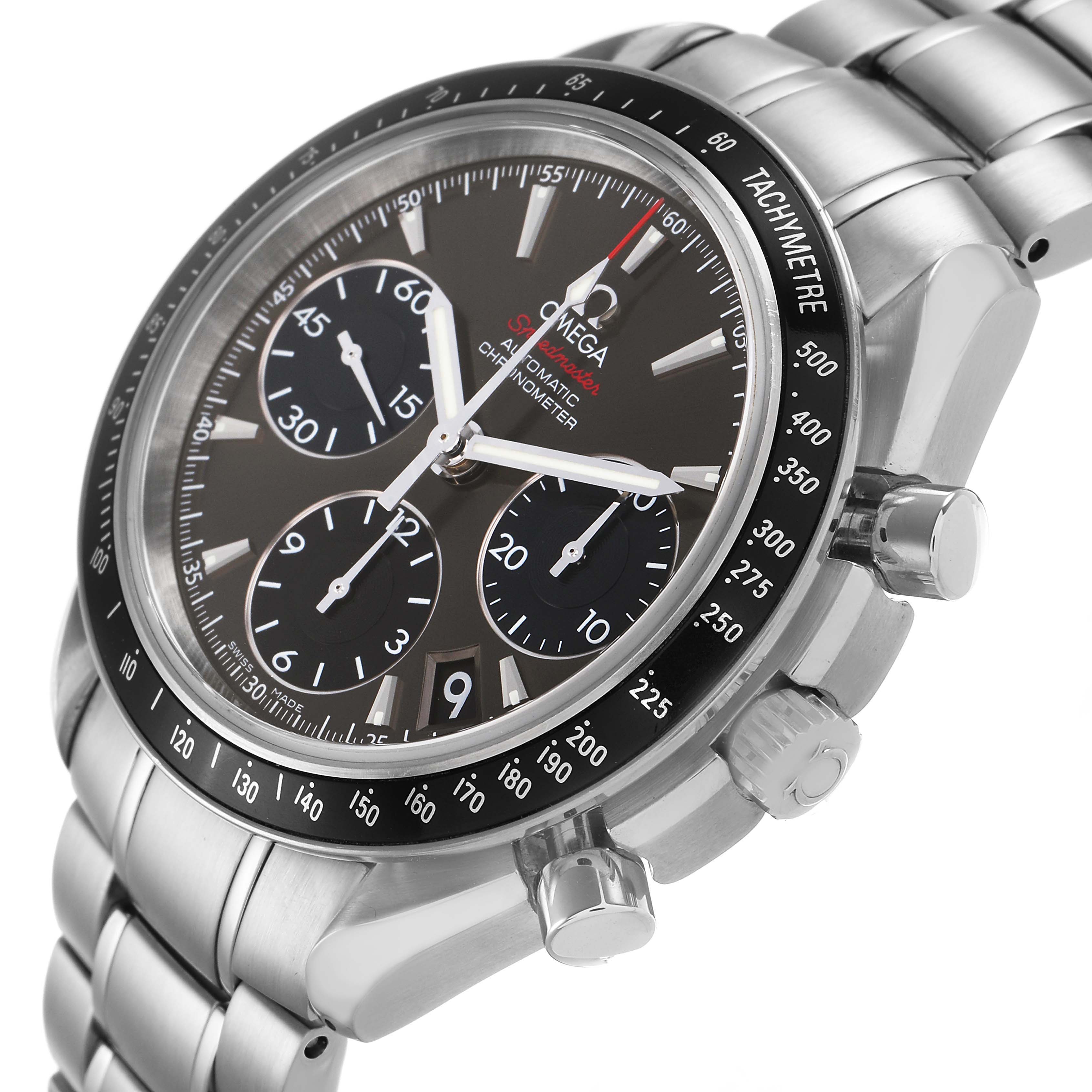 The image shows an angled side view of an Omega Speedmaster 323.30.40.40.06.001 Mens Stainless Steel Grey Dial, highlighting its tachymeter, chronograph dials, and crown.