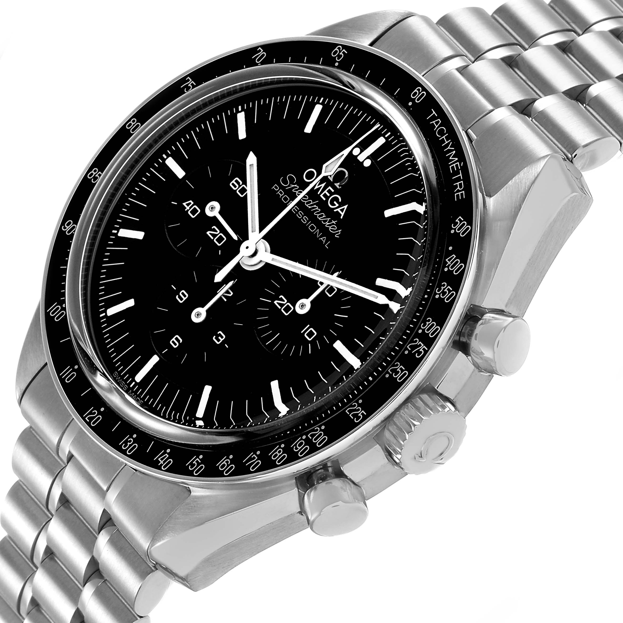 The Omega Speedmaster 310.30.42.50.01.002 Men's Stainless Steel Black Dial watch is shown at an angled top view, highlighting the face, tachymeter, and stainless steel bracelet.