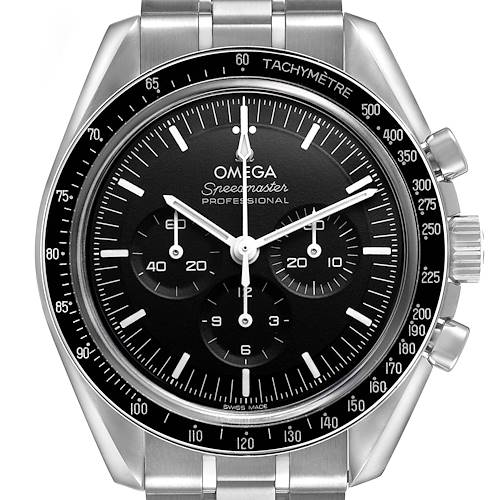 The Omega Speedmaster 310.30.42.50.01.002 Men's Stainless Steel Black Dial is shown from the front, highlighting the dial, tachymeter bezel, and chronograph subdials.