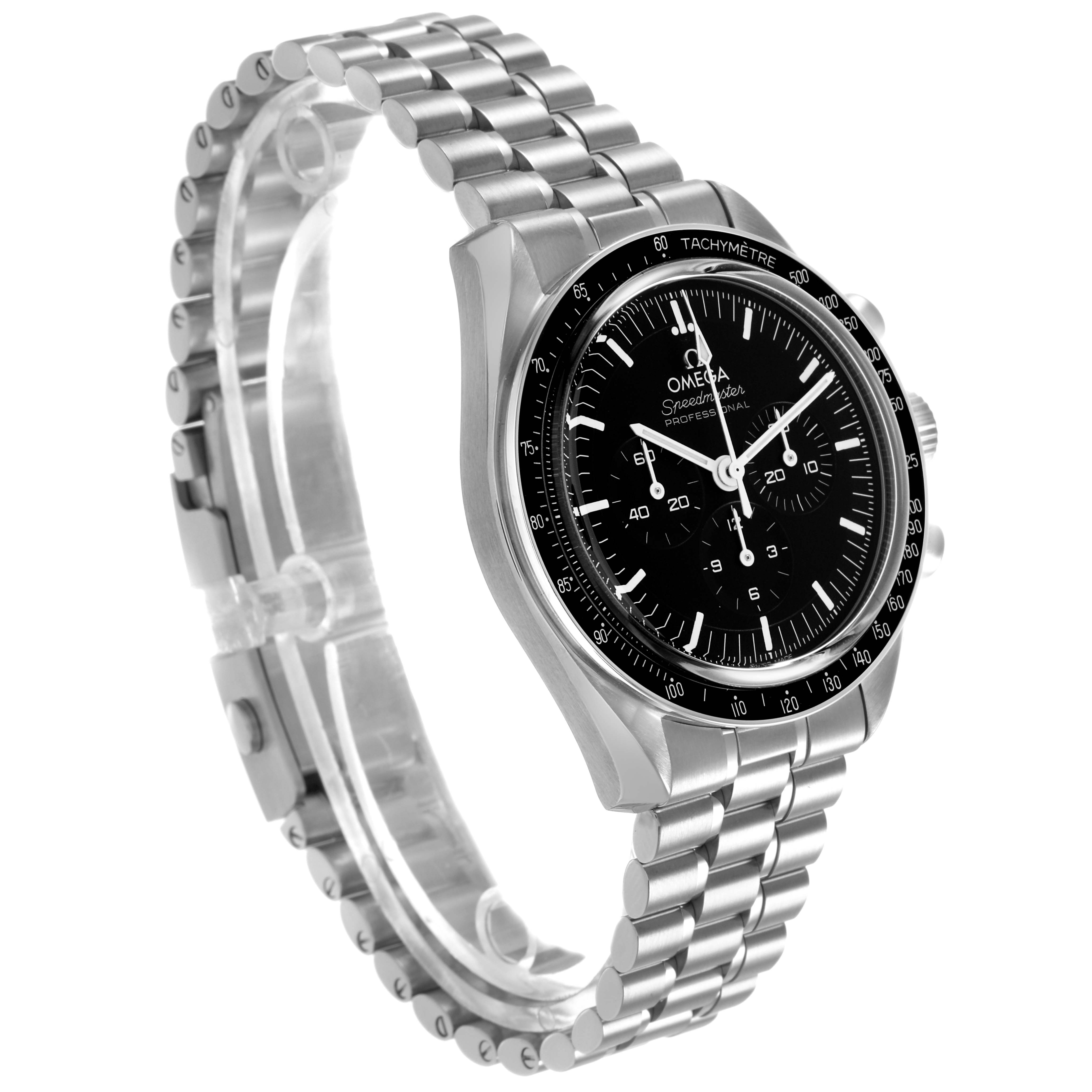 The Omega Speedmaster 310.30.42.50.01.002 Men's Stainless Steel Black Dial watch is shown at an angled side view, highlighting the face, bezel, and bracelet links.