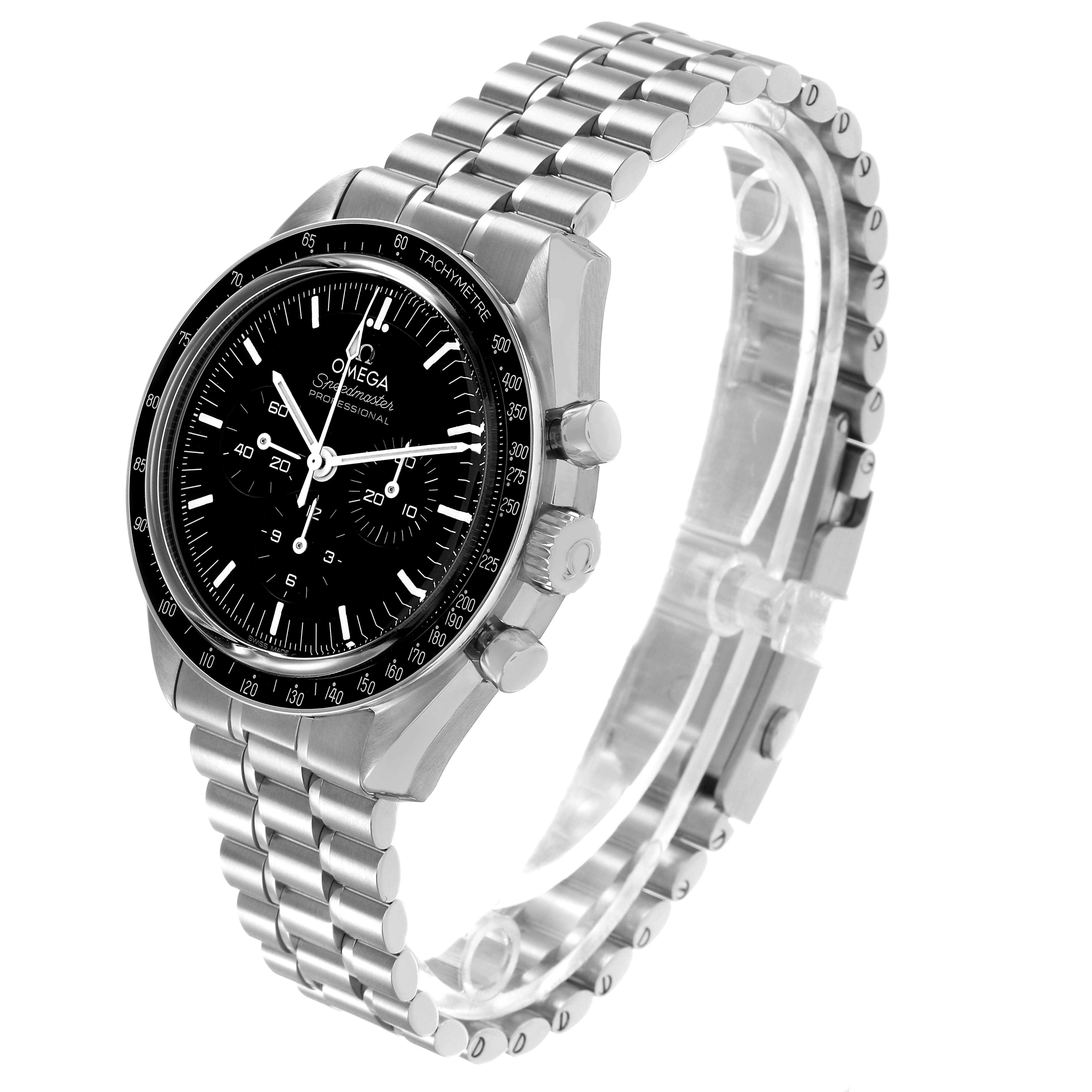 The Omega Speedmaster 310.30.42.50.01.002 Men's Stainless Steel Black Dial watch is shown at an angled side view, displaying its face, case, bezel, and metal bracelet.