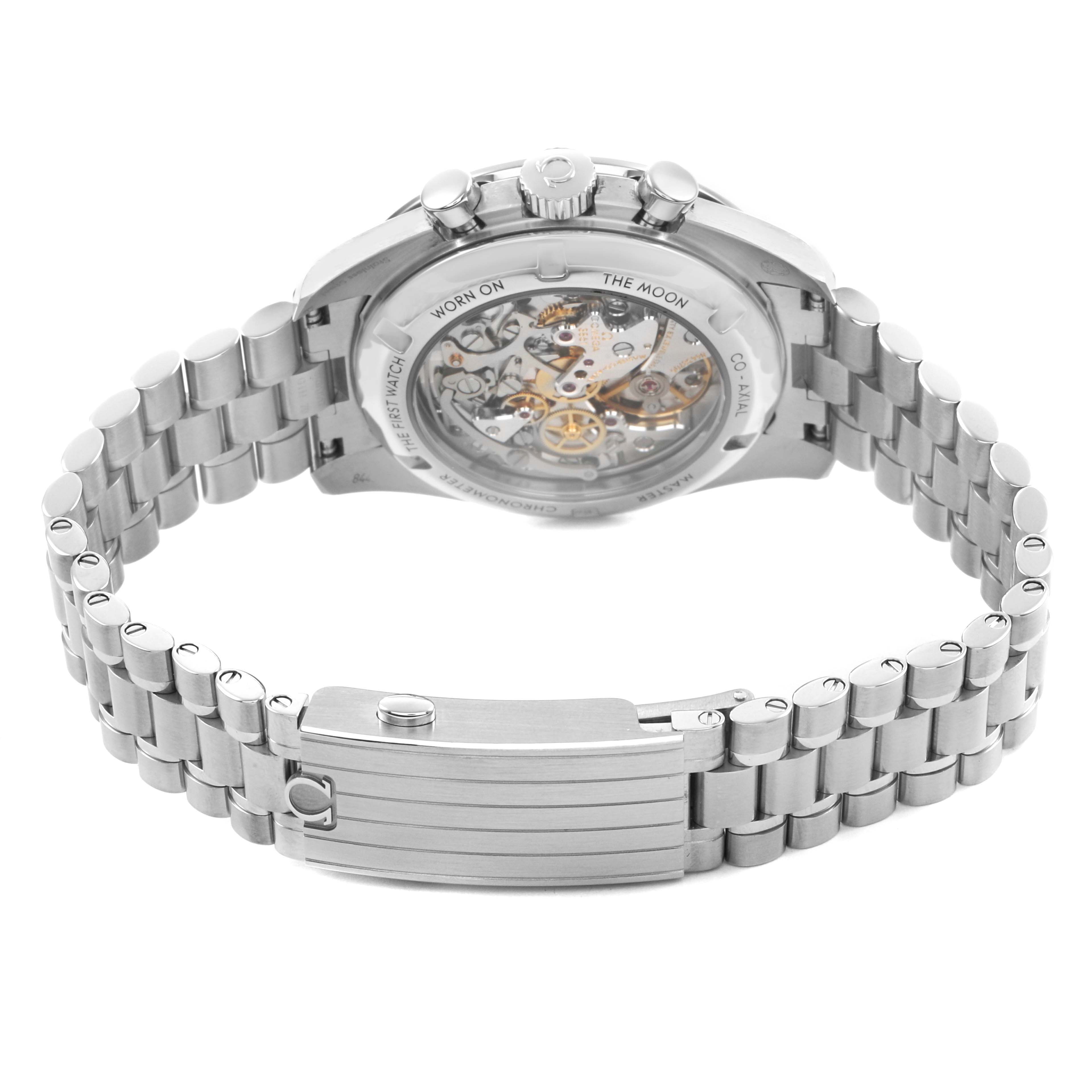 The Omega Speedmaster 310.30.42.50.01.002 Men's Stainless Steel Black Dial watch is shown from the back, highlighting the transparent case back and metal bracelet.