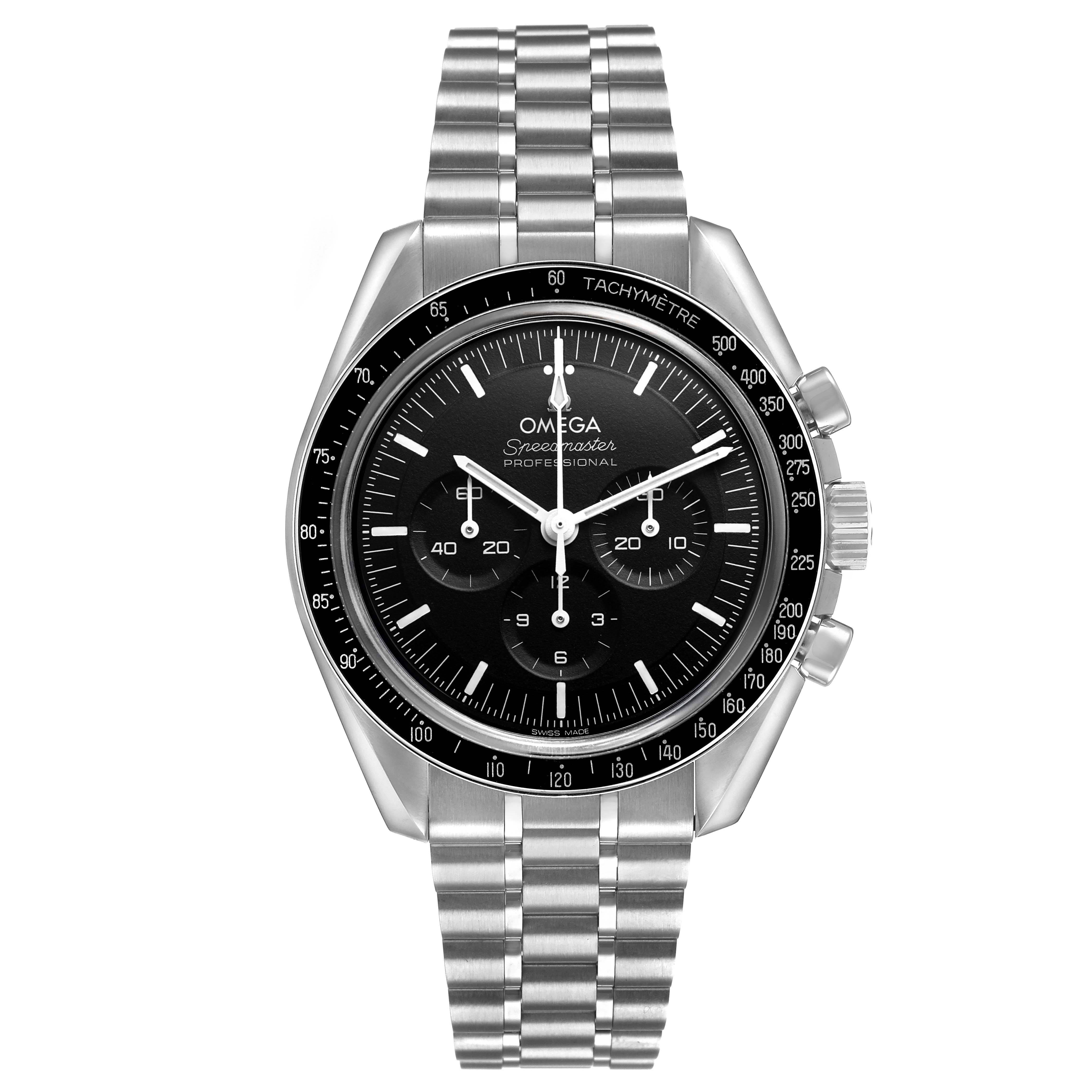 The Omega Speedmaster 310.30.42.50.01.002 Men's Stainless Steel Black Dial watch is shown from the front, displaying the dial, tachymeter bezel, and steel bracelet.
