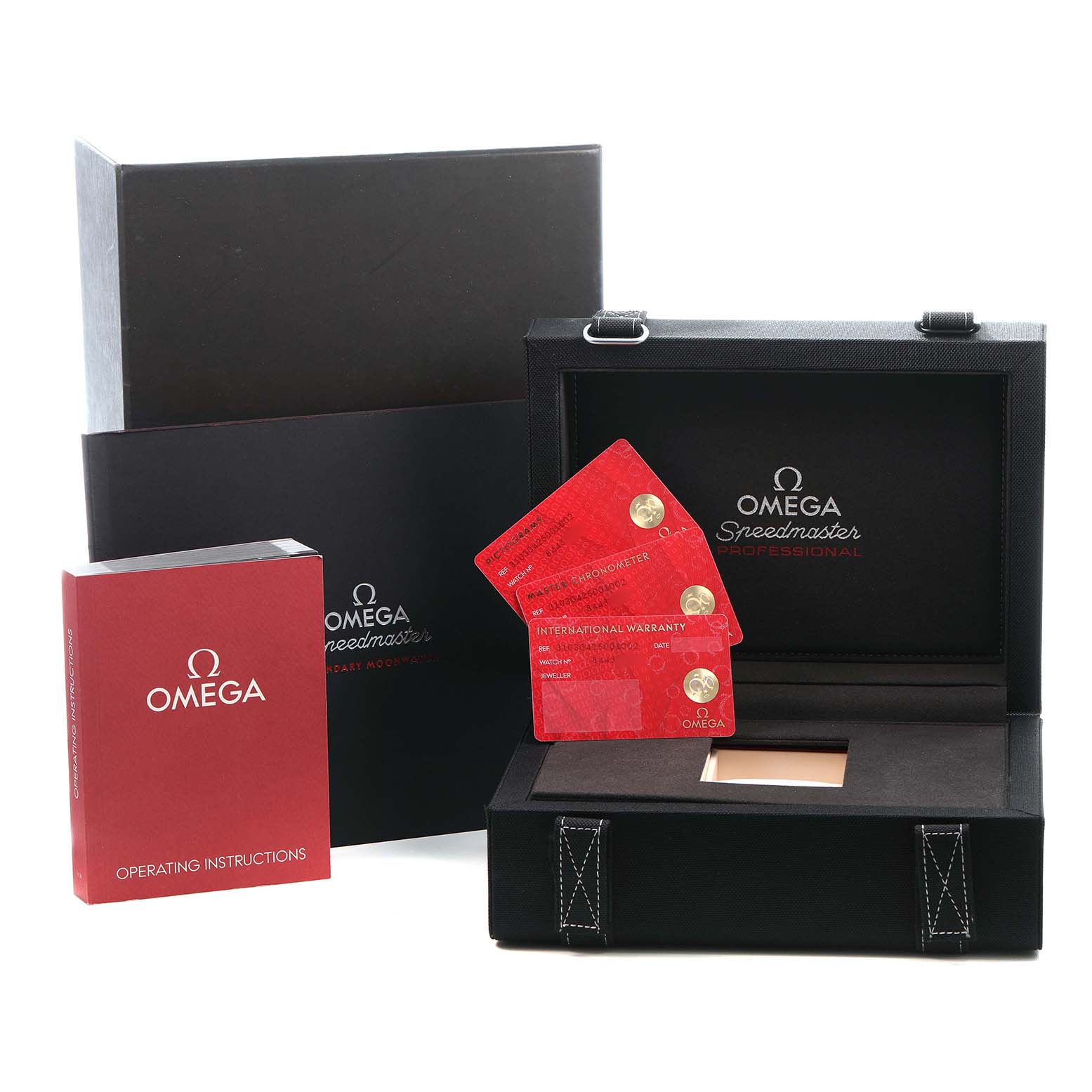 The image shows an Omega Speedmaster 310.30.42.50.01.002 Men's Stainless Steel Black Dial box, operating manual, and warranty cards from a frontal angle.