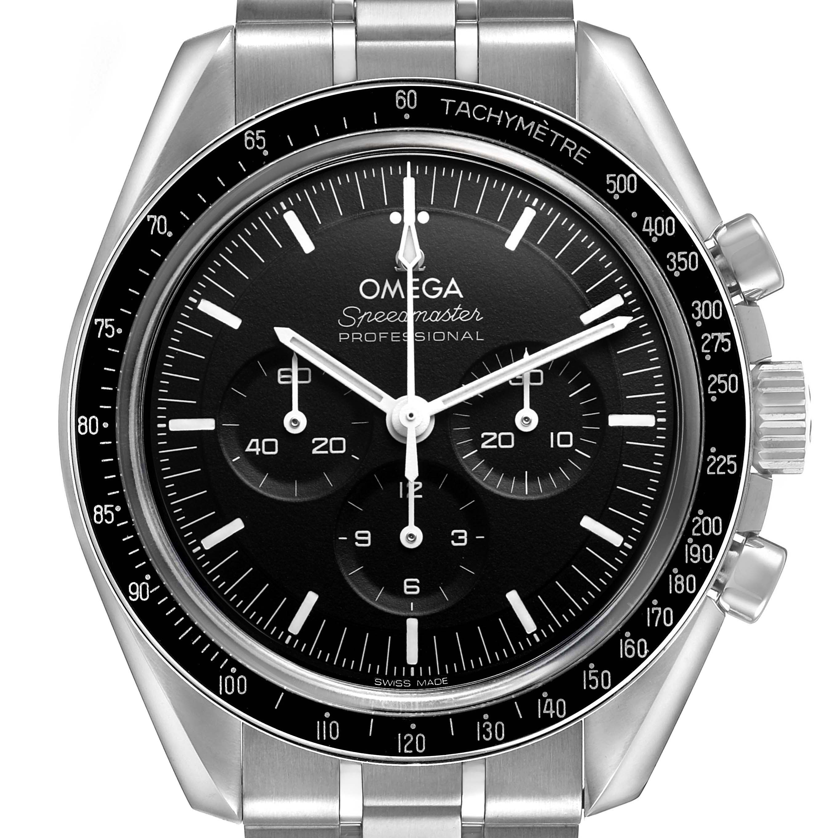 The Omega Speedmaster 310.30.42.50.01.002 Men's Stainless Steel Black Dial watch is shown from the front, displaying its dial, bezel, and stainless steel bracelet.