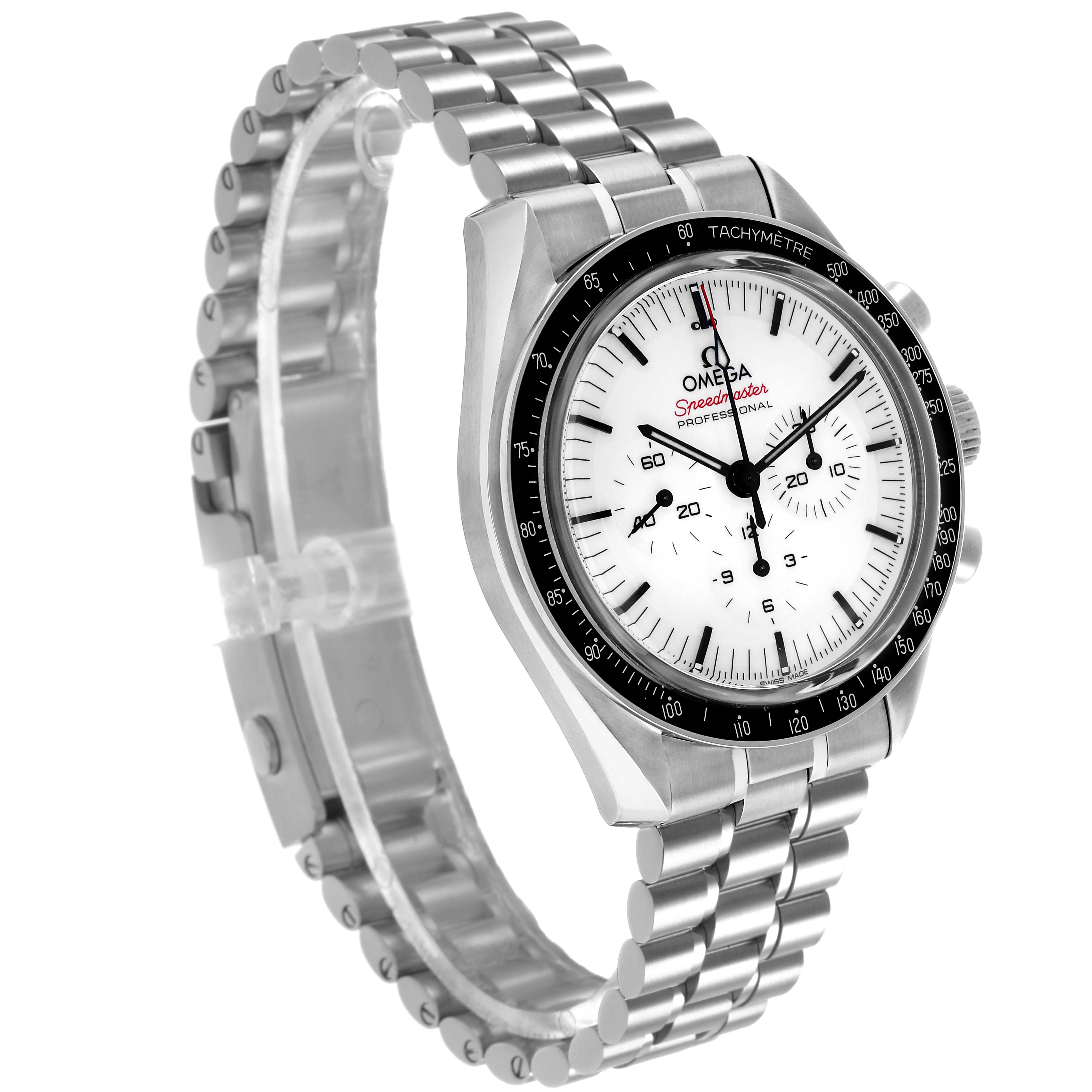 The Omega Speedmaster 310.30.42.50.04.001 Men's Stainless Steel White Dial is shown at a slight angle, highlighting the dial, bezel, and bracelet.