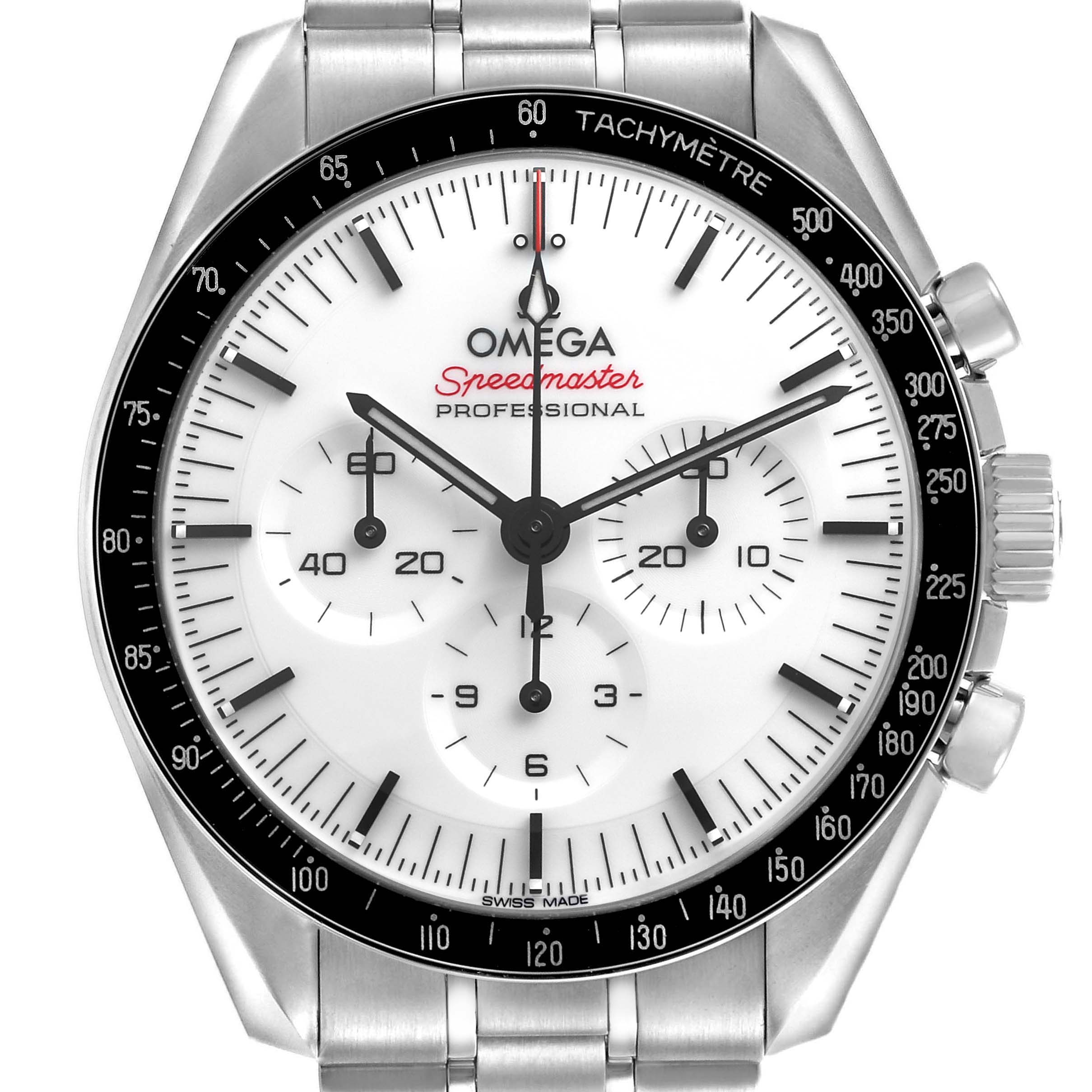 The Omega Speedmaster 310.30.42.50.04.001 Men's Stainless Steel White Dial model is shown from the front, highlighting the dial, bezel, and pushers.