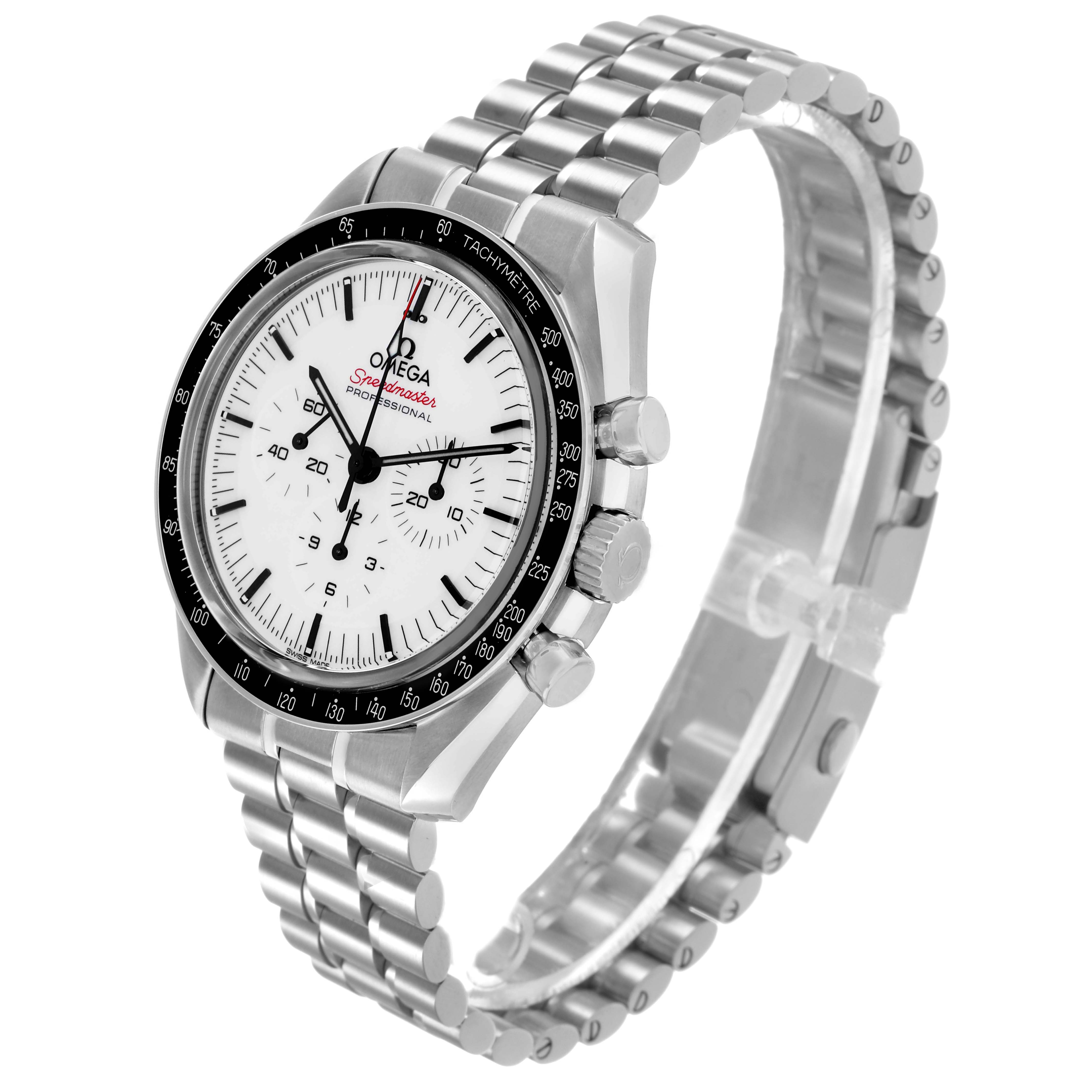 The Omega Speedmaster 310.30.42.50.04.001 Men's Stainless Steel White Dial watch is shown at a three-quarter angle displaying the face, bezel, crown, and stainless steel bracelet.