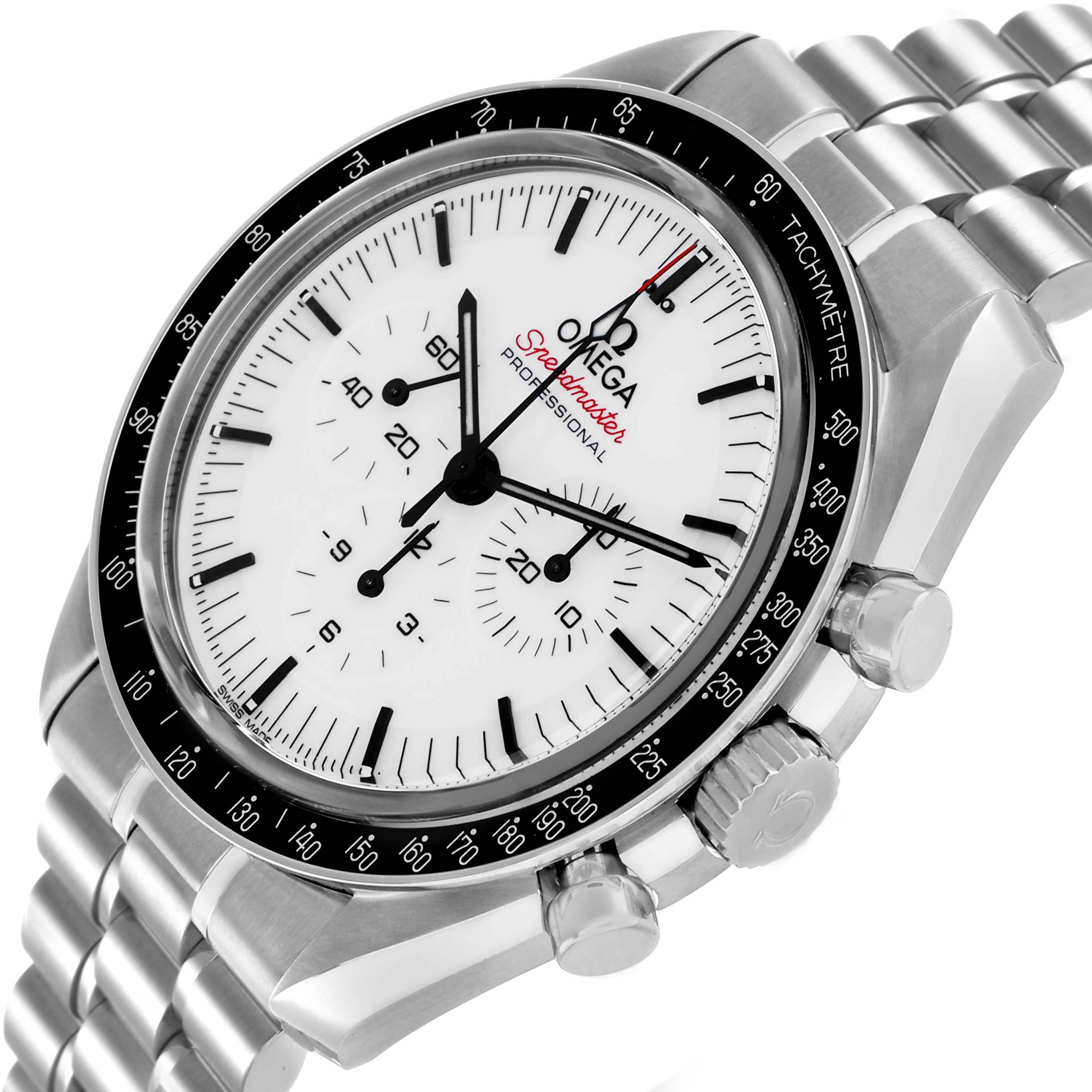 The Omega Speedmaster 310.30.42.50.04.001 Men's Stainless Steel White Dial is shown at a slight angle, highlighting the tachymeter bezel, subdials, and stainless steel bracelet.