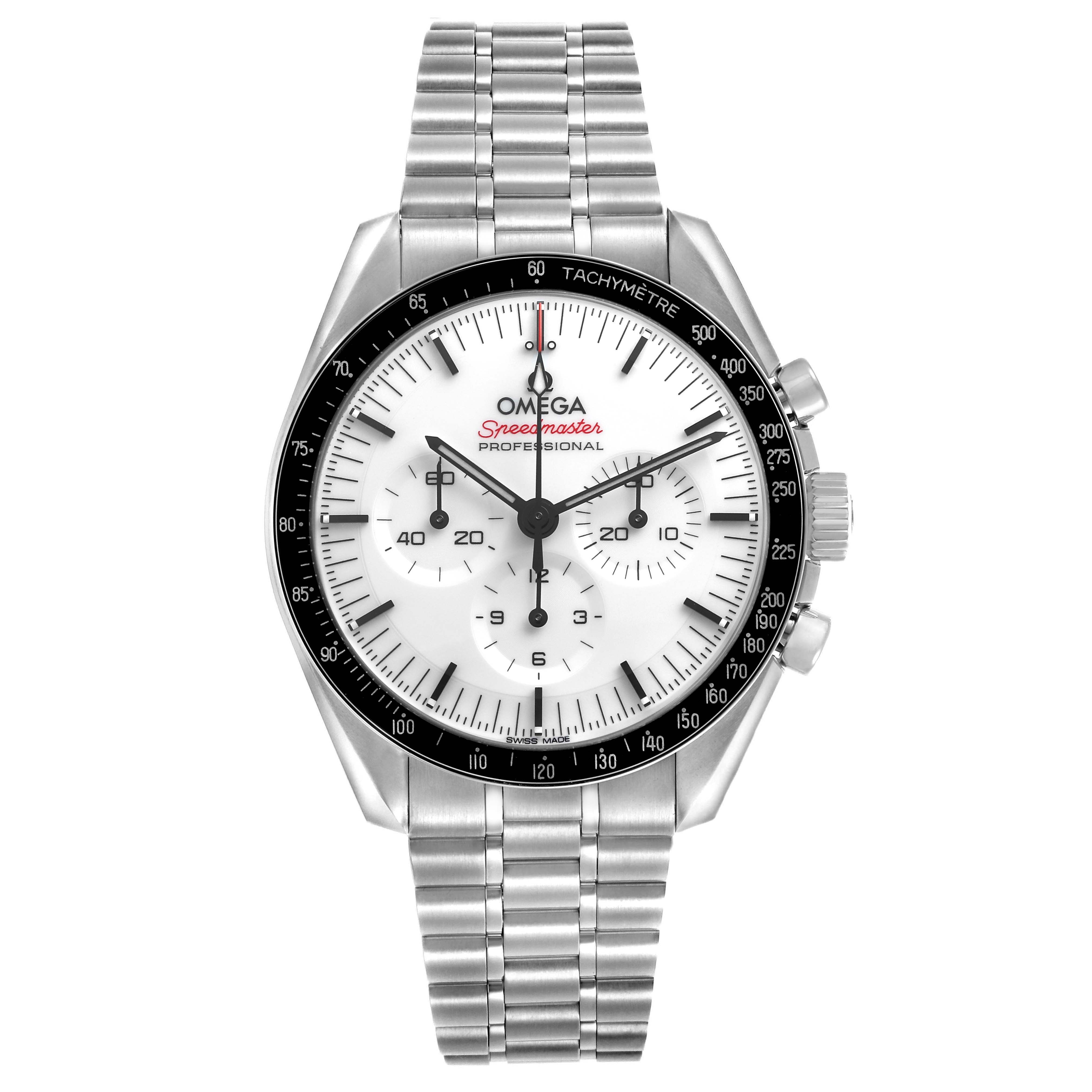 The Omega Speedmaster 310.30.42.50.04.001 Men's Stainless Steel White Dial is shown from a front angle, displaying the dial, bezel, bracelet, and pushers.