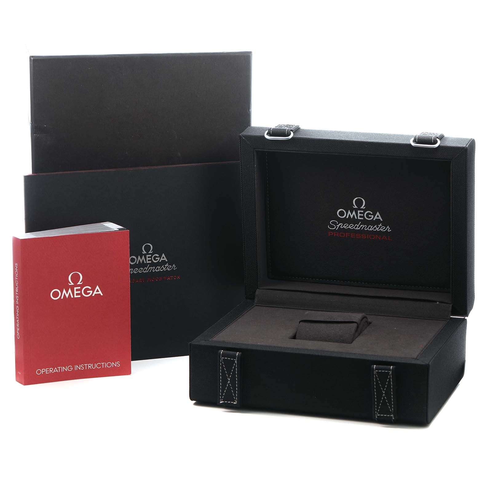 The image shows the packaging for an Omega Speedmaster 310.30.42.50.04.001 Men's Stainless Steel White Dial, including its box and operating instructions viewed from the front.