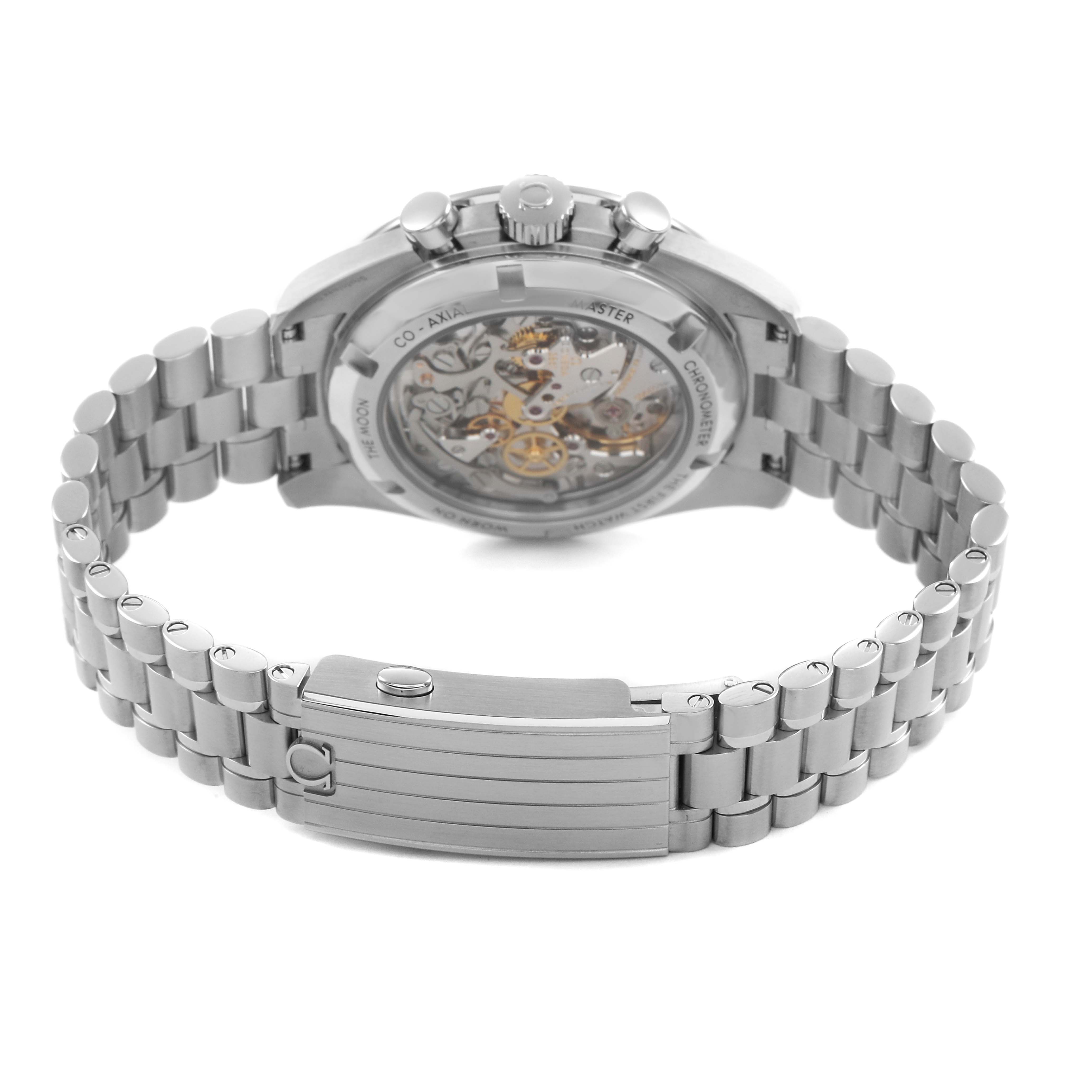 The image shows the back view of an Omega Speedmaster 310.30.42.50.04.001 Men's Stainless Steel White Dial's bracelet and transparent case back, revealing its intricate movement.