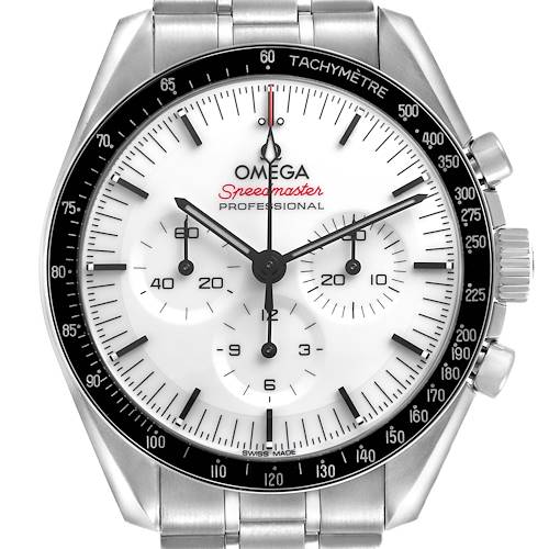 The Omega Speedmaster 310.30.42.50.04.001 Men's Stainless Steel White Dial is shown from the front, highlighting the white dial, subdials, tachymeter bezel, and stainless steel bracelet.