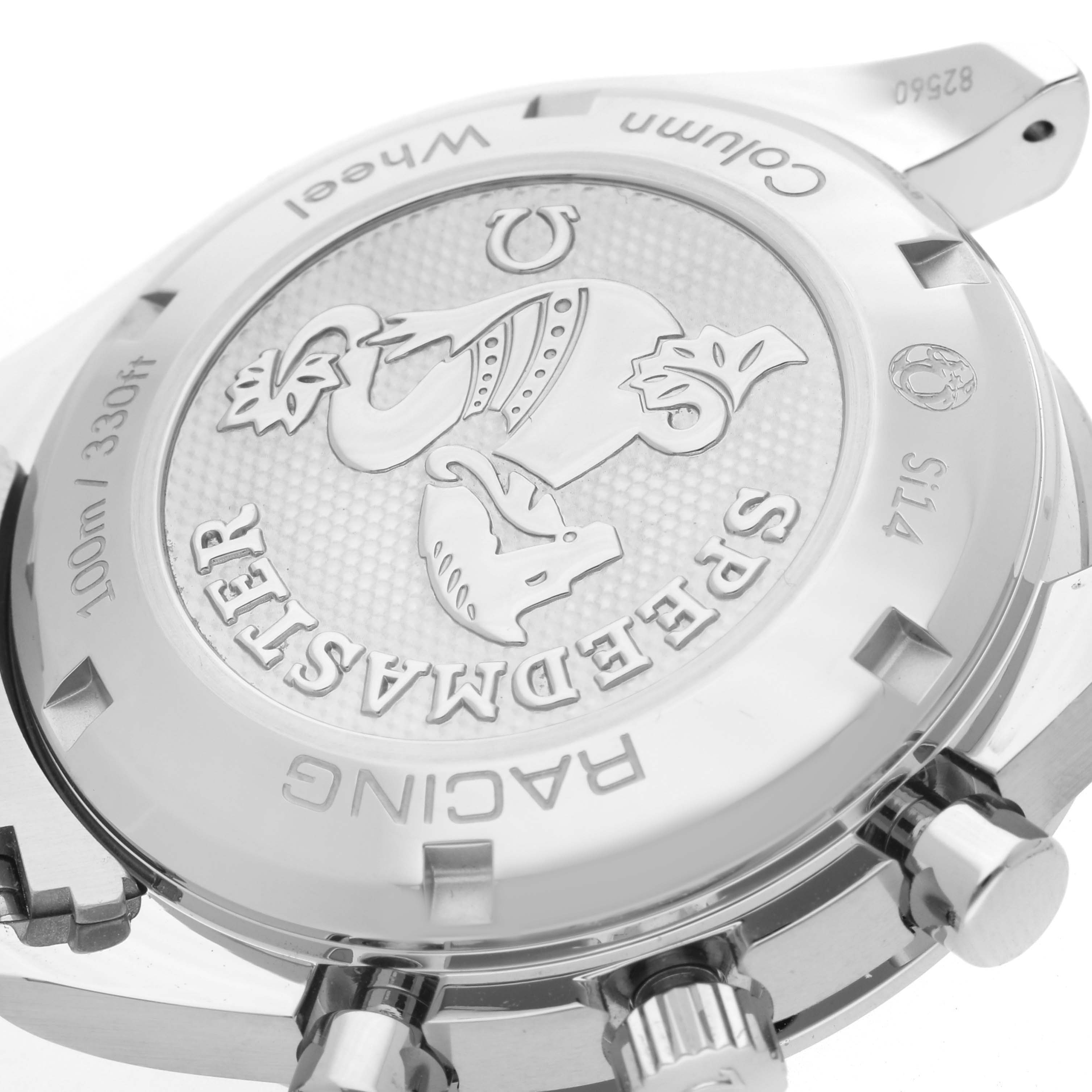 The image shows the back of the Omega Speedmaster 326.30.40.50.01.001 Men
s Stainless Steel Black Dial 326.30.40.50.01.001 Men
s Stainless Steel Black Dial watch, highlighting the case back and pushers.