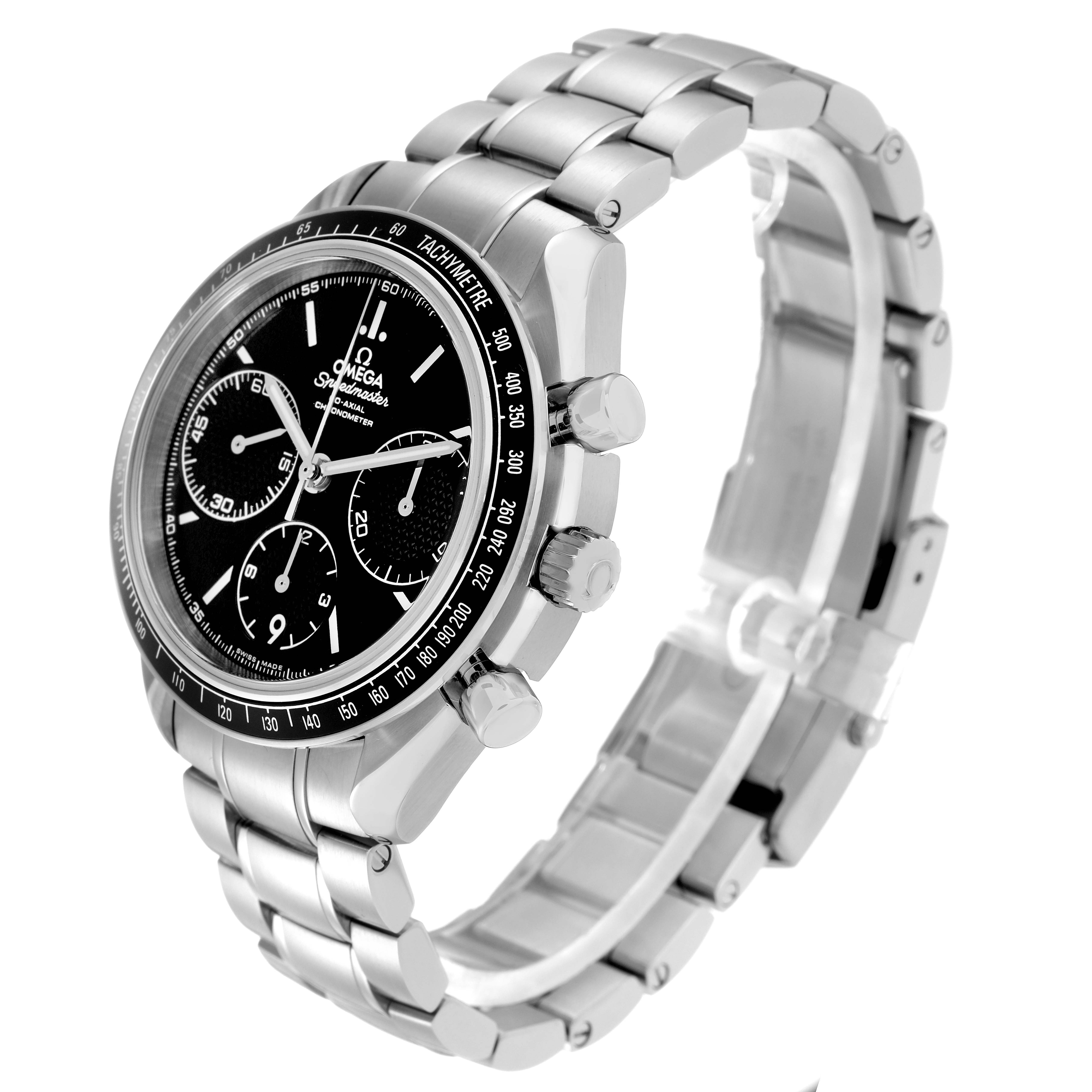 The Omega Speedmaster 326.30.40.50.01.001 Men
s Stainless Steel Black Dial 326.30.40.50.01.001 Men
s Stainless Steel Black Dial watch is shown at a three-quarter angle, highlighting the face, case, and bracelet.
