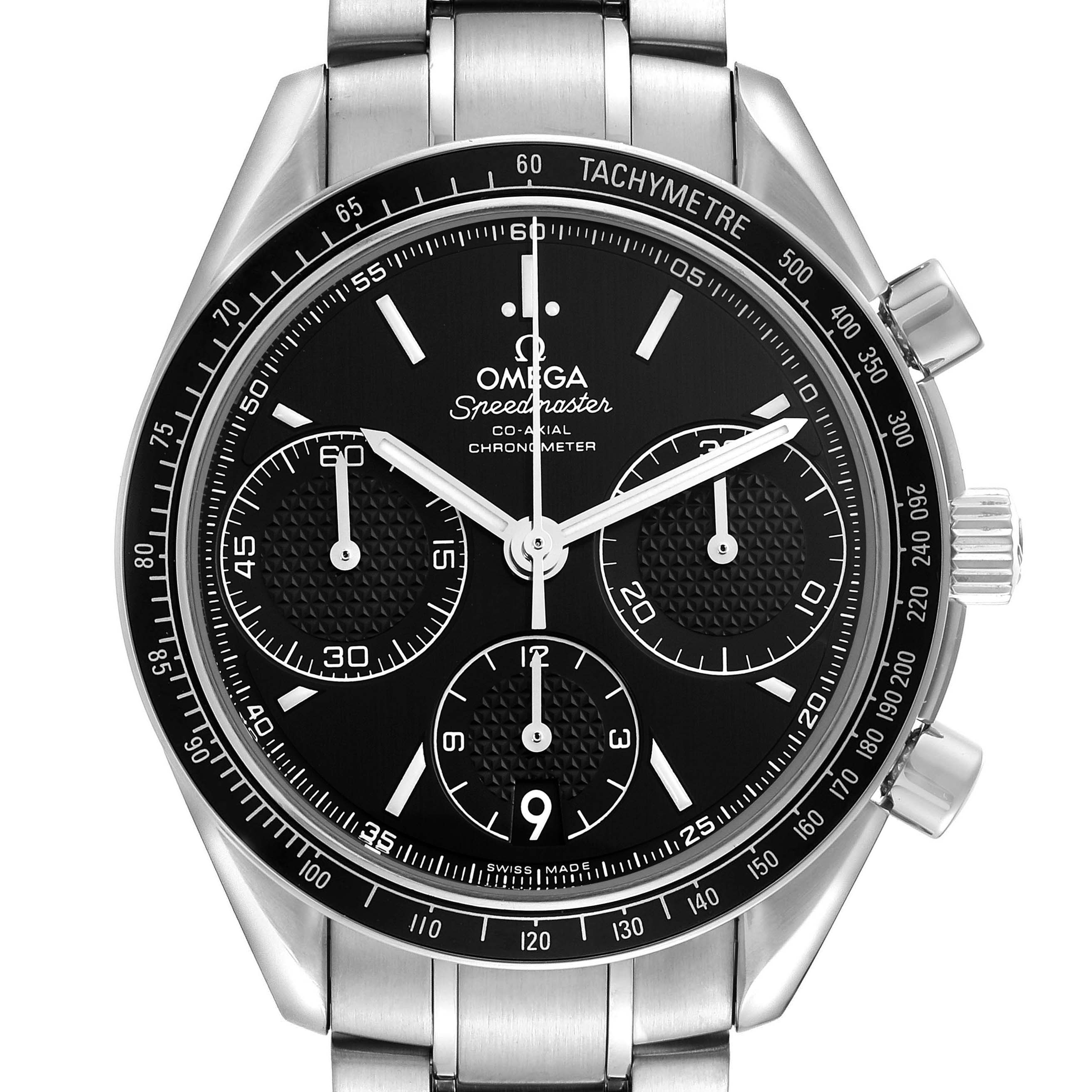 The Omega Speedmaster 326.30.40.50.01.001 Men
s Stainless Steel Black Dial 326.30.40.50.01.001 Men
s Stainless Steel Black Dial watch is shown from the front, detailing its black dial, chronograph sub-dials, and tachymeter bezel.