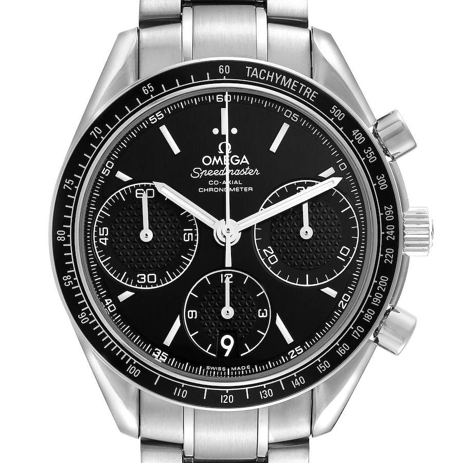 The Omega Speedmaster watch is shown from the front, detailing its black dial, chronograph sub-dials, and tachymeter bezel.