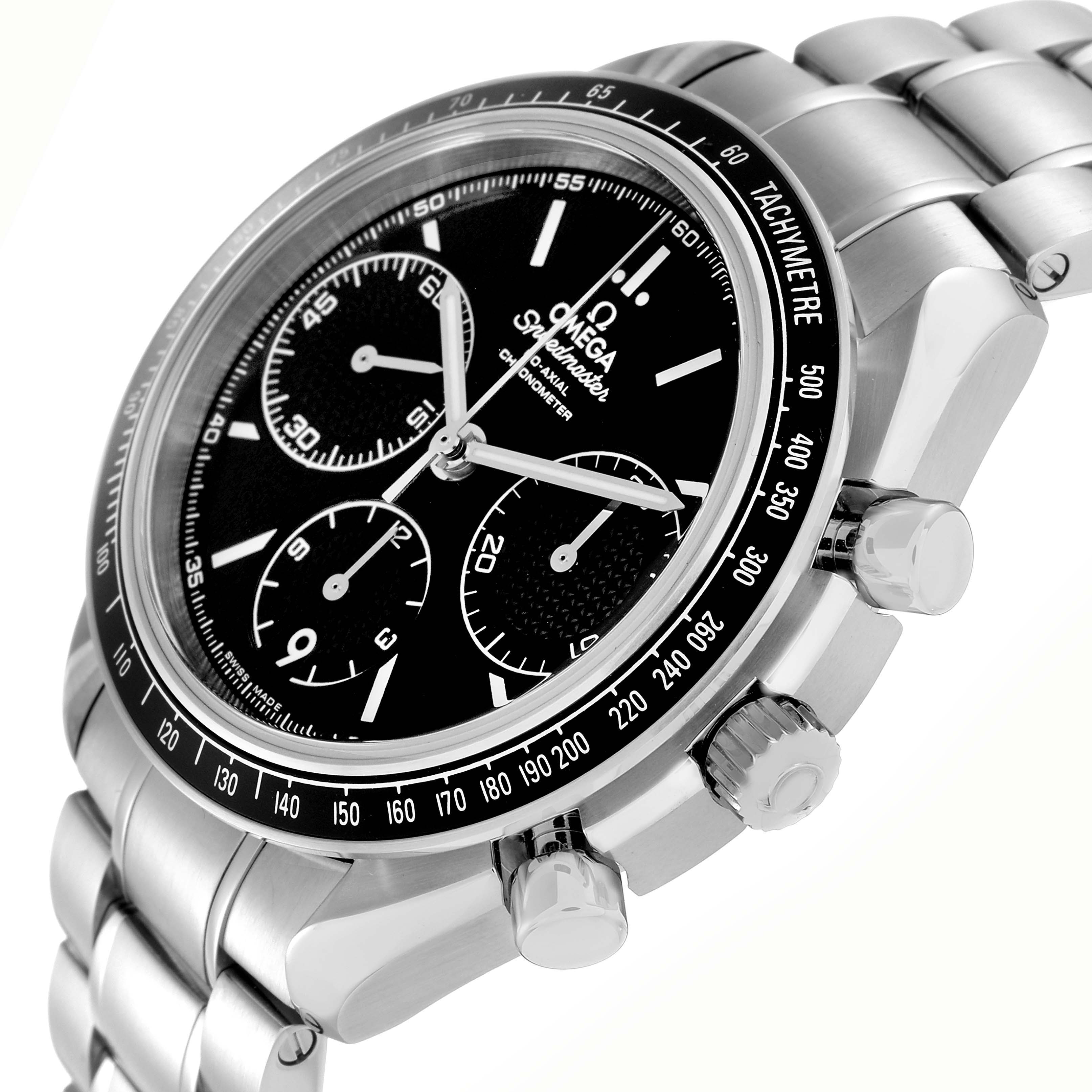 The Omega Speedmaster 326.30.40.50.01.001 Men
s Stainless Steel Black Dial 326.30.40.50.01.001 Men
s Stainless Steel Black Dial is shown at an angled side view, displaying the tachymeter, crown, pushers, and a stainless steel bracelet.