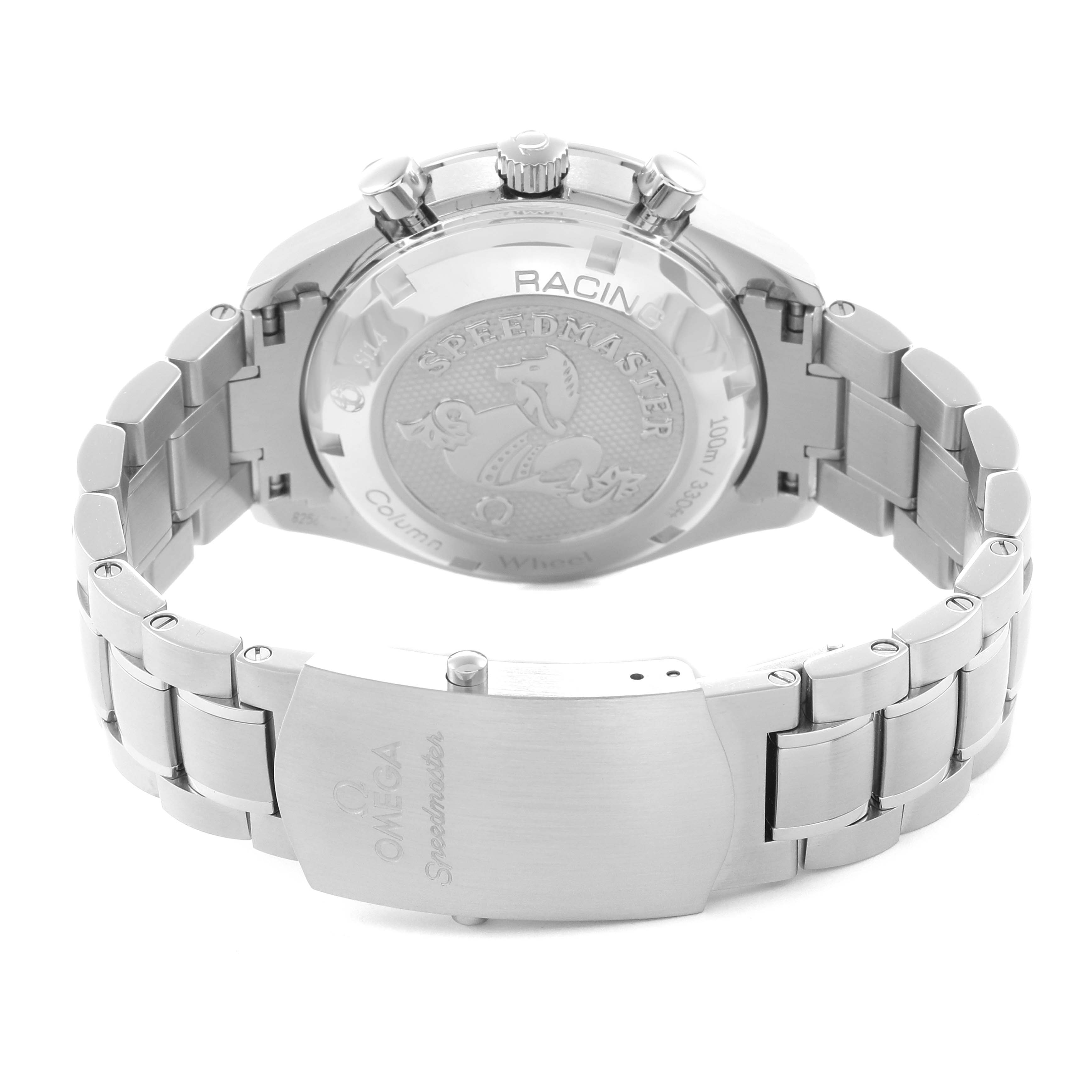 The image shows the back of an Omega Speedmaster 326.30.40.50.01.001 Men
s Stainless Steel Black Dial 326.30.40.50.01.001 Men
s Stainless Steel Black Dial watch, highlighting the case back, crown, pushers, and metal bracelet clasp.