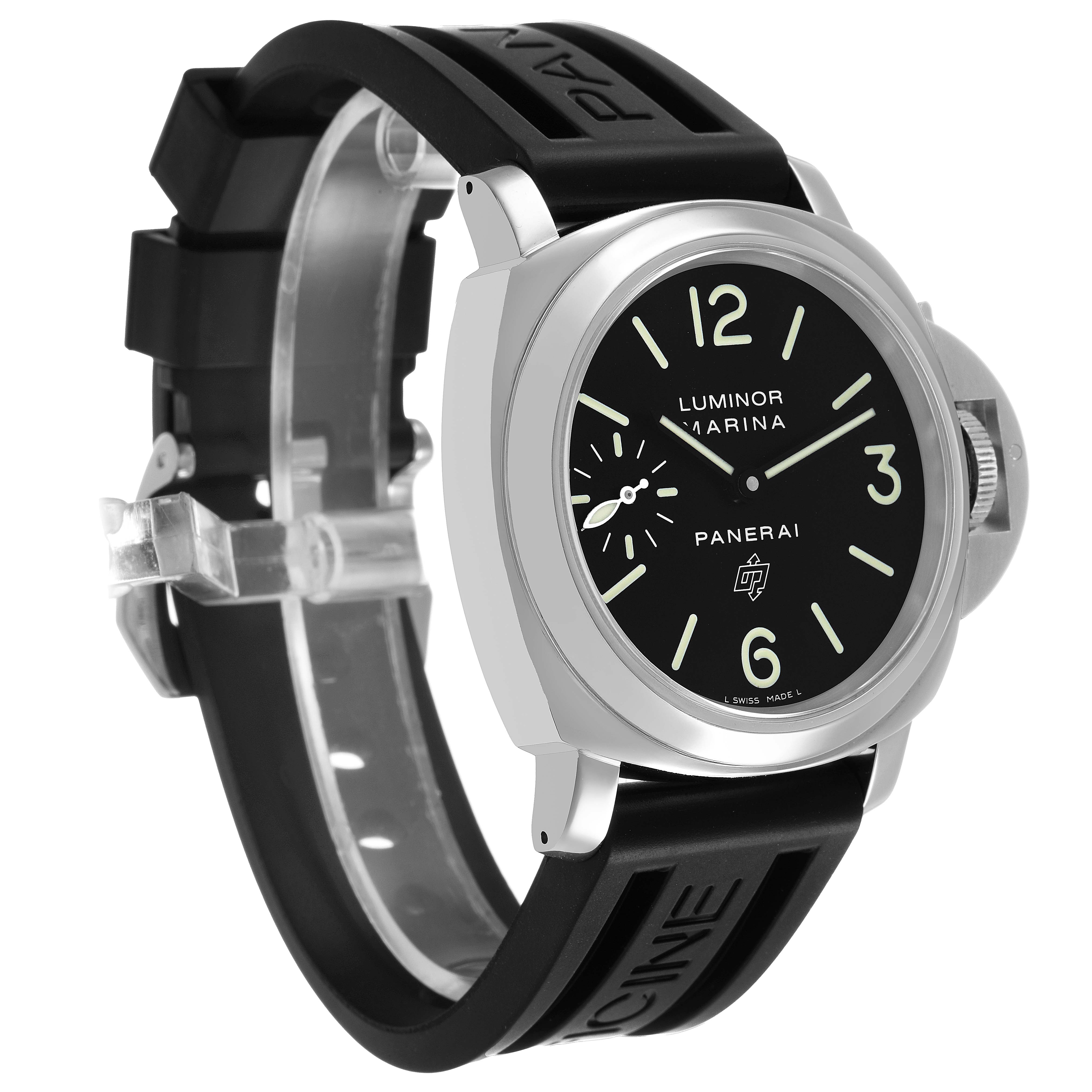 The Panerai Luminor PAM01005 Men's Stainless Steel Black Dial watch is shown at a three-quarter angle, highlighting the dial, bezel, and rubber strap.