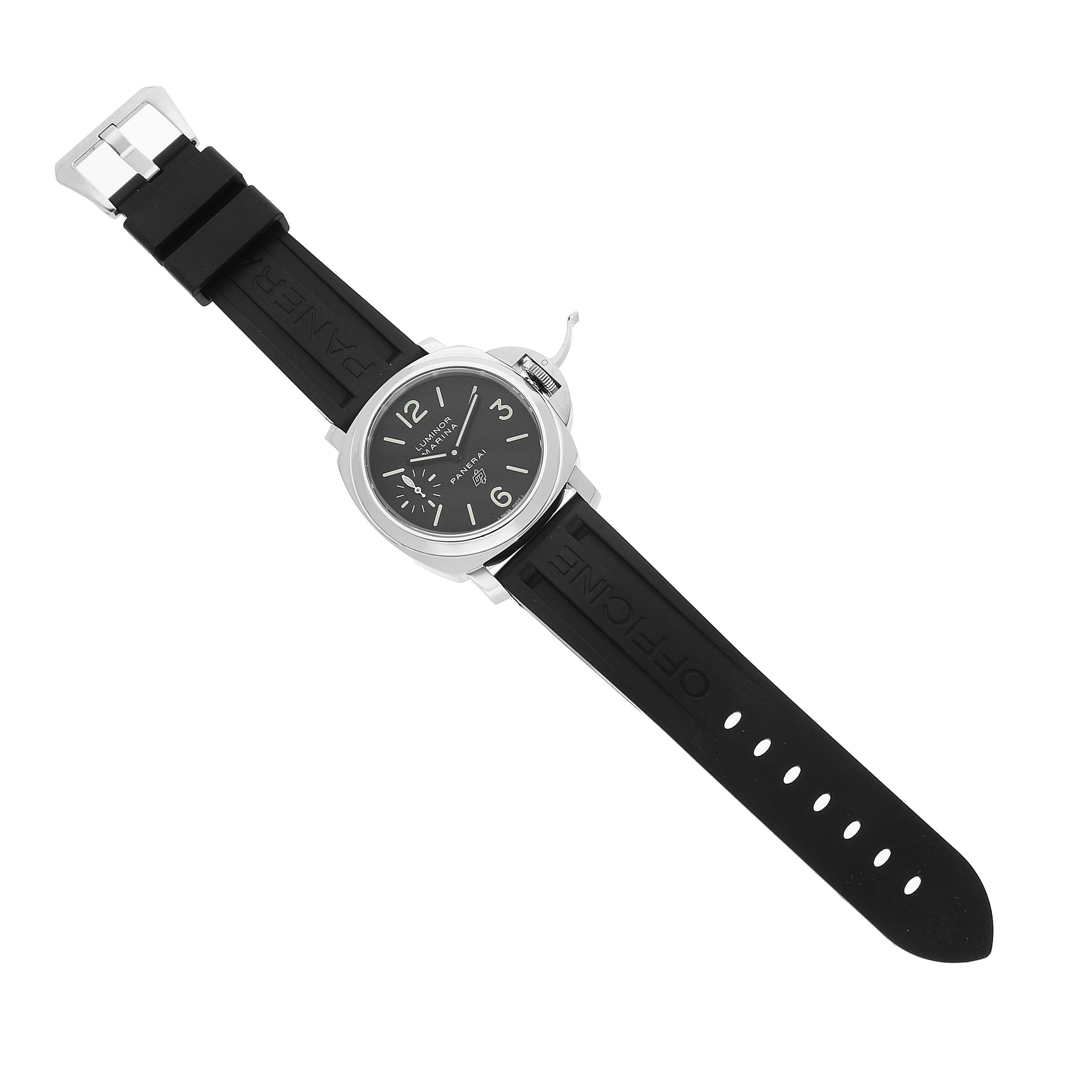 The Panerai Luminor PAM01005 Men's Stainless Steel Black Dial watch is shown from an overhead angle, displaying the face, case, strap, buckle, and crown.
