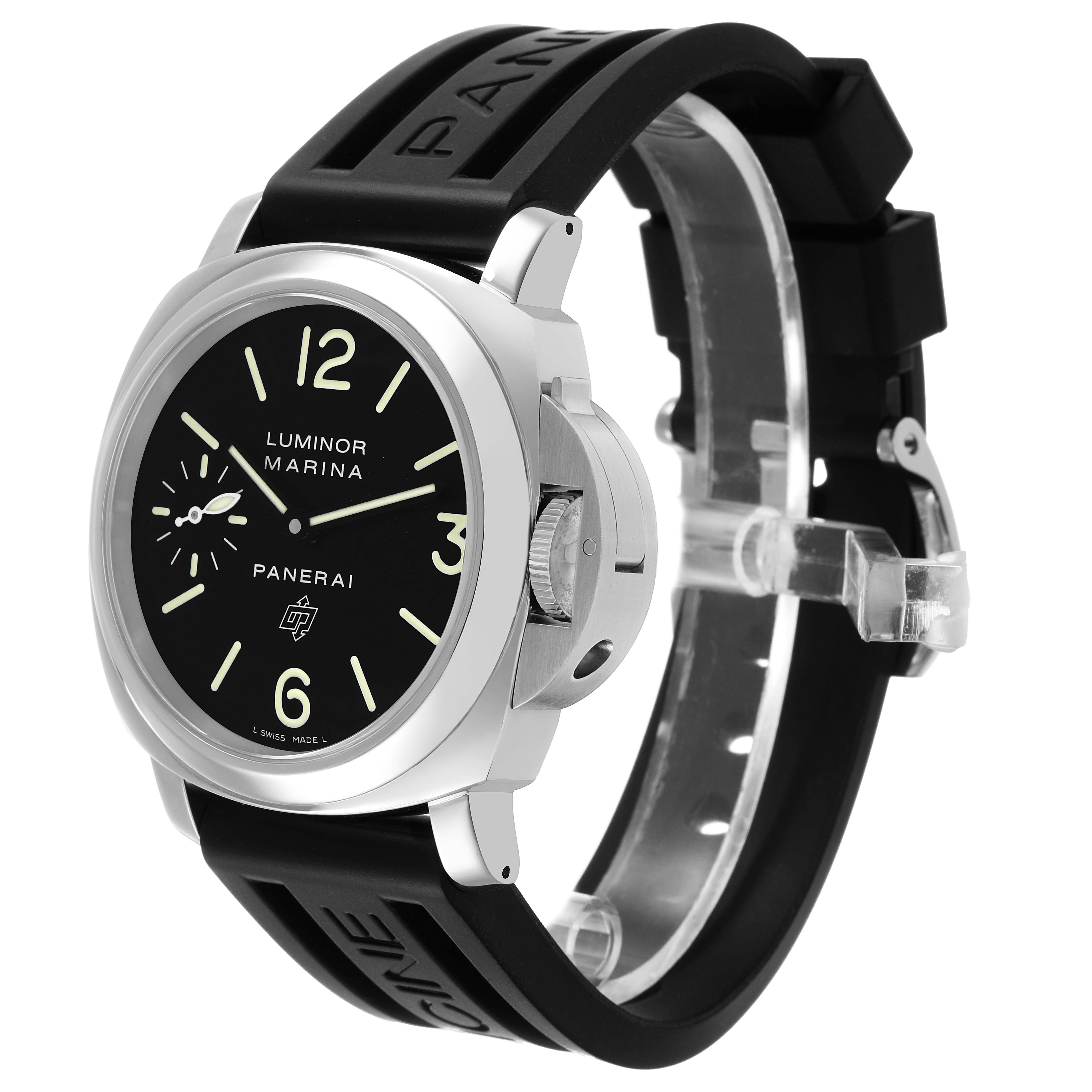 The Panerai Luminor PAM01005 Men's Stainless Steel Black Dial watch is shown at a slight angle, highlighting the dial, case, and crown guard.