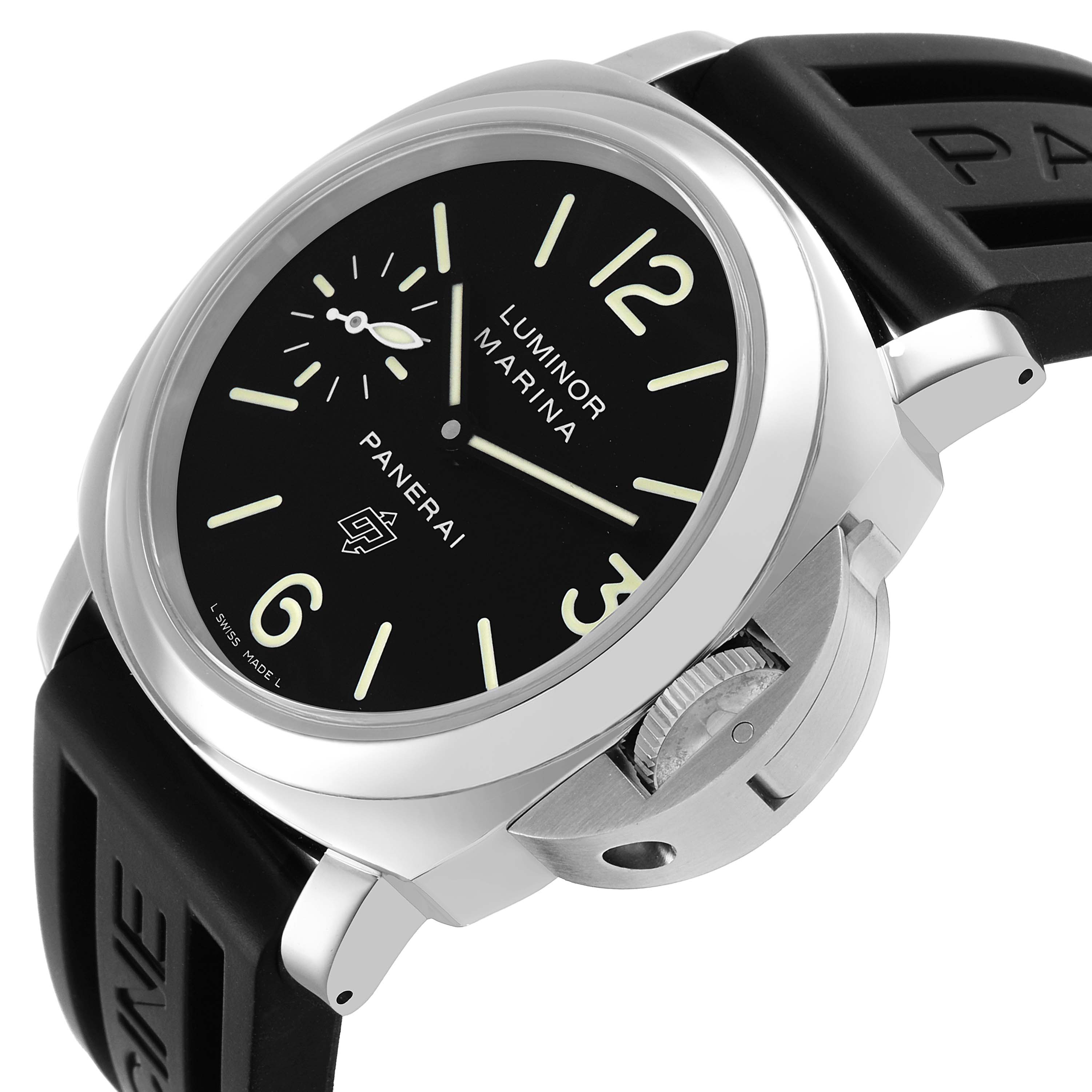 The Panerai Luminor PAM01005 Men's Stainless Steel Black Dial watch is shown from a side angle, highlighting the case, crown guard, and rubber strap.