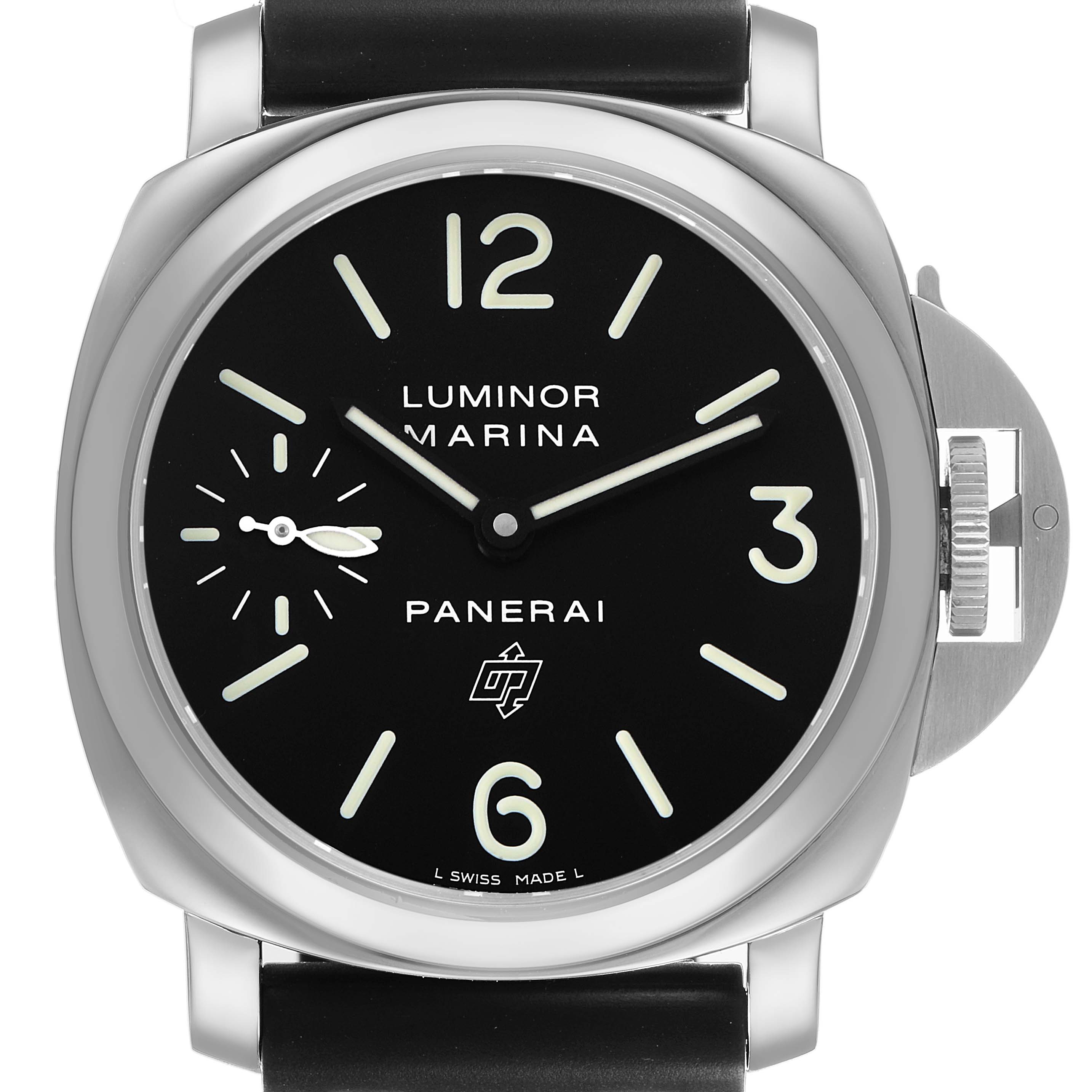 The image shows a front view of the Panerai Luminor PAM01005 Men's Stainless Steel Black Dial watch, highlighting the black dial, numerals, and crown guard.