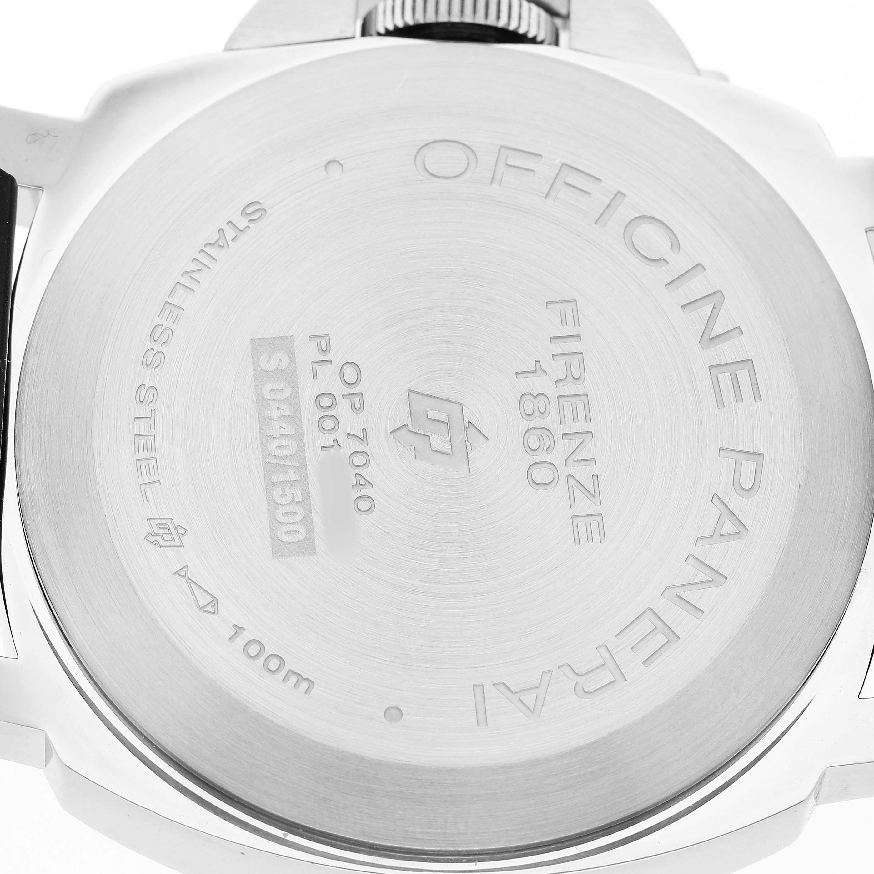 The image shows the case back of a Panerai Luminor PAM01005 Men's Stainless Steel Black Dial watch, displaying engravings and model details.