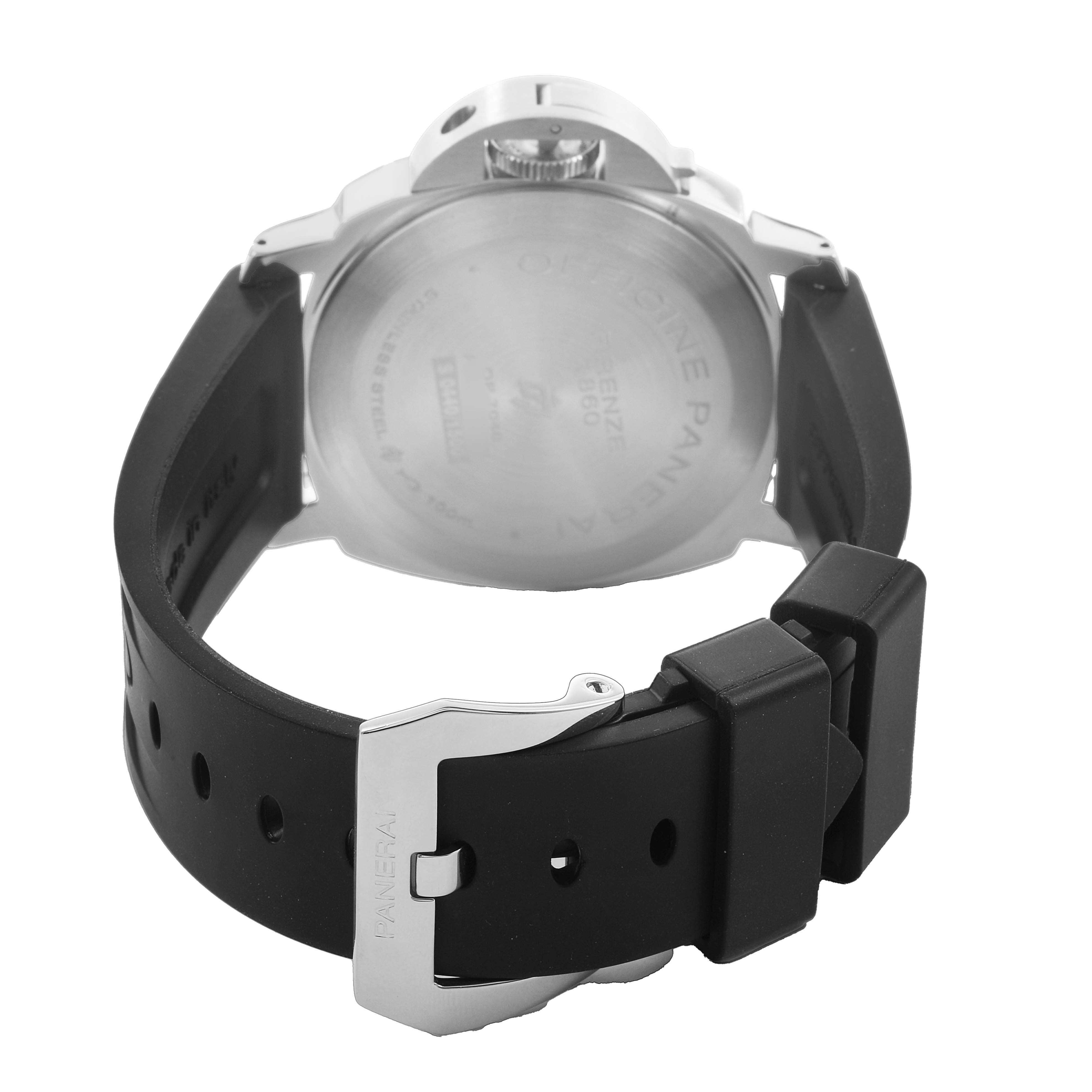 The image shows the back view of a Panerai Luminor PAM01005 Men's Stainless Steel Black Dial watch, featuring its case back, black strap, and buckle.