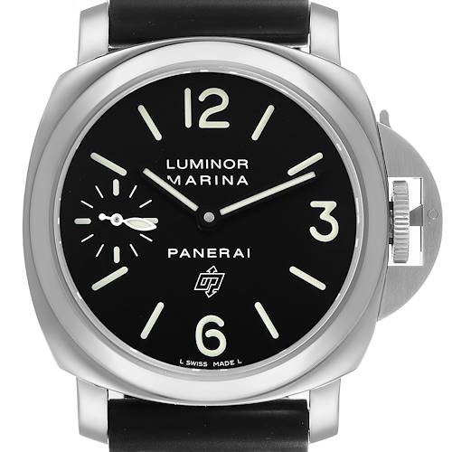 The Panerai Luminor PAM01005 Men's Stainless Steel Black Dial watch is shown from a front angle, highlighting its dial, crown guard, and black leather strap.