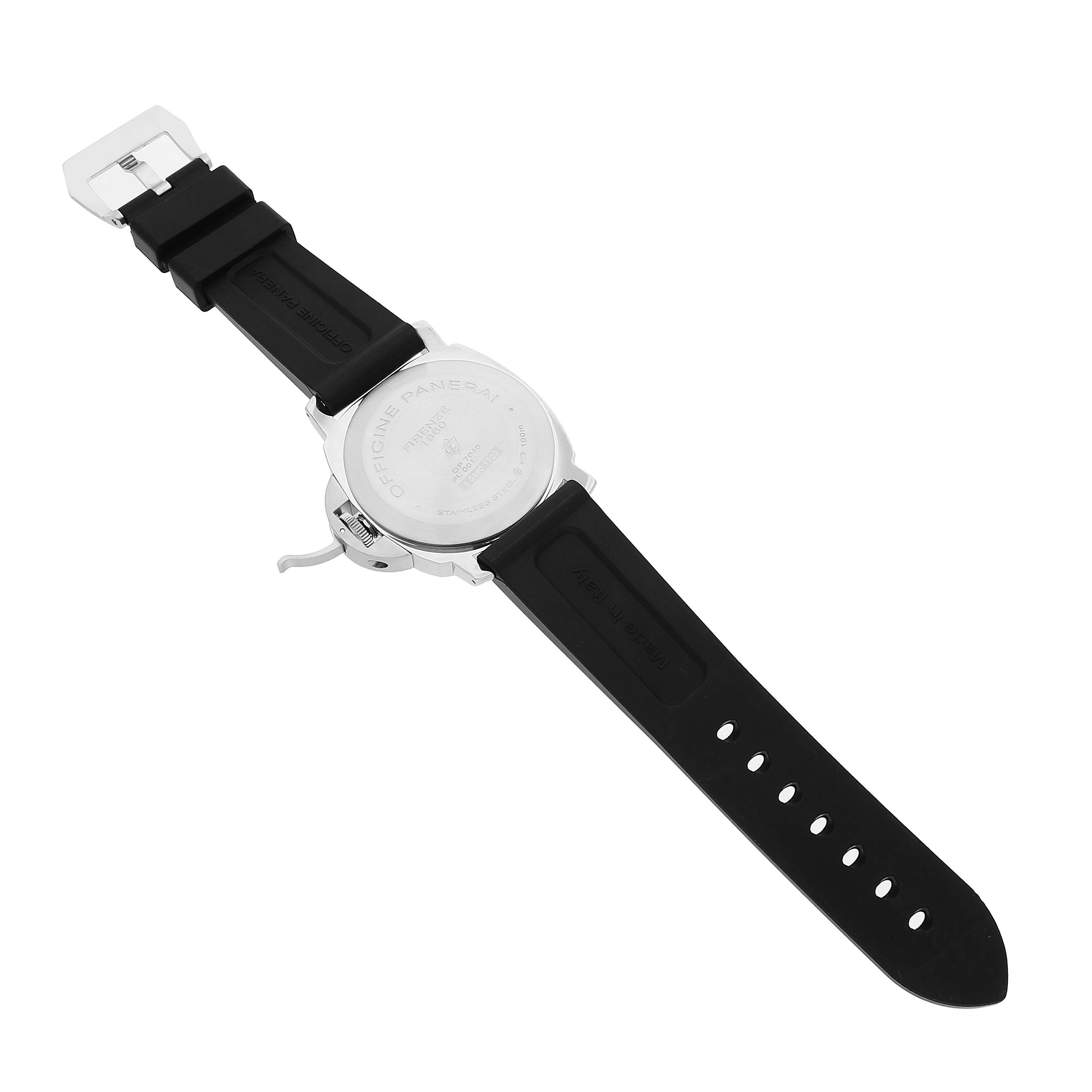 The image shows the back case and strap of a Panerai Luminor PAM01005 Men's Stainless Steel Black Dial watch laid flat.