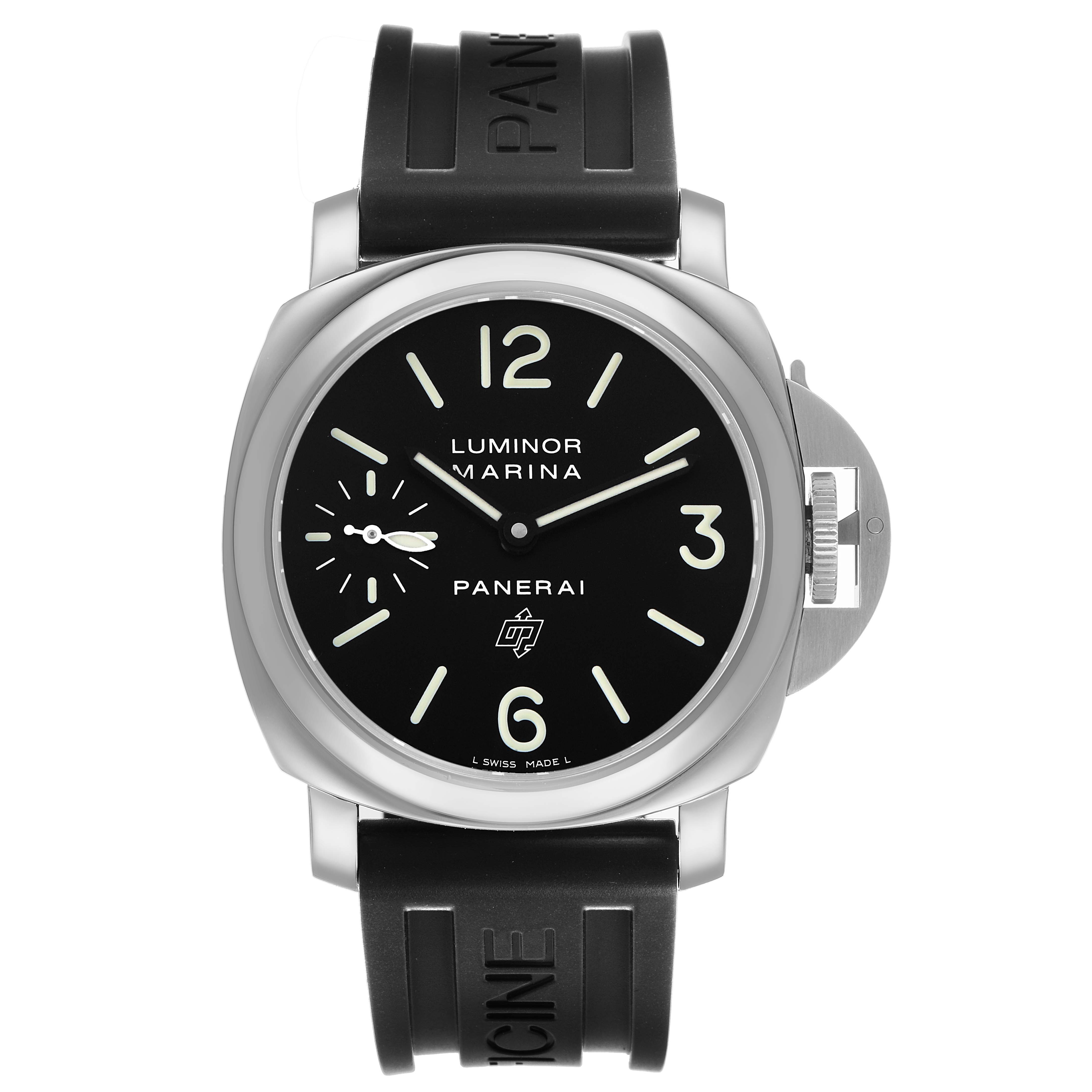 The Panerai Luminor PAM01005 Men's Stainless Steel Black Dial watch is shown from a front view, displaying the face, strap, and crown protection device.